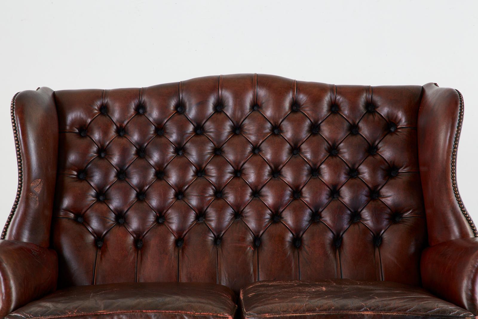 Brass English Georgian Style Tufted Leather Chesterfield Wingback Settee