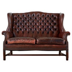 Vintage English Georgian Style Tufted Leather Chesterfield Wingback Settee