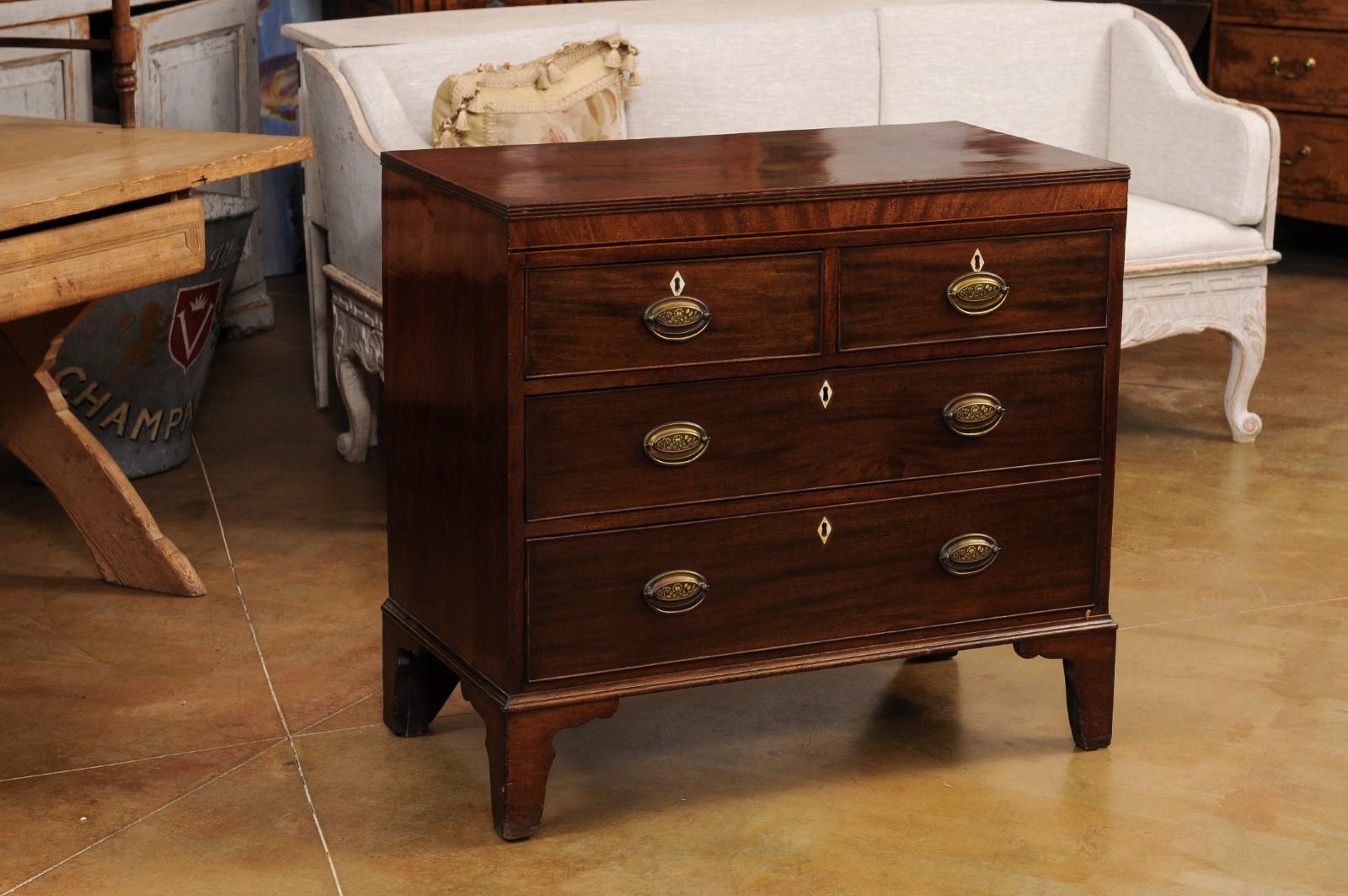Inlay English Georgian Style Walnut Four-Drawer Chest with Sheraton Style Hardware For Sale