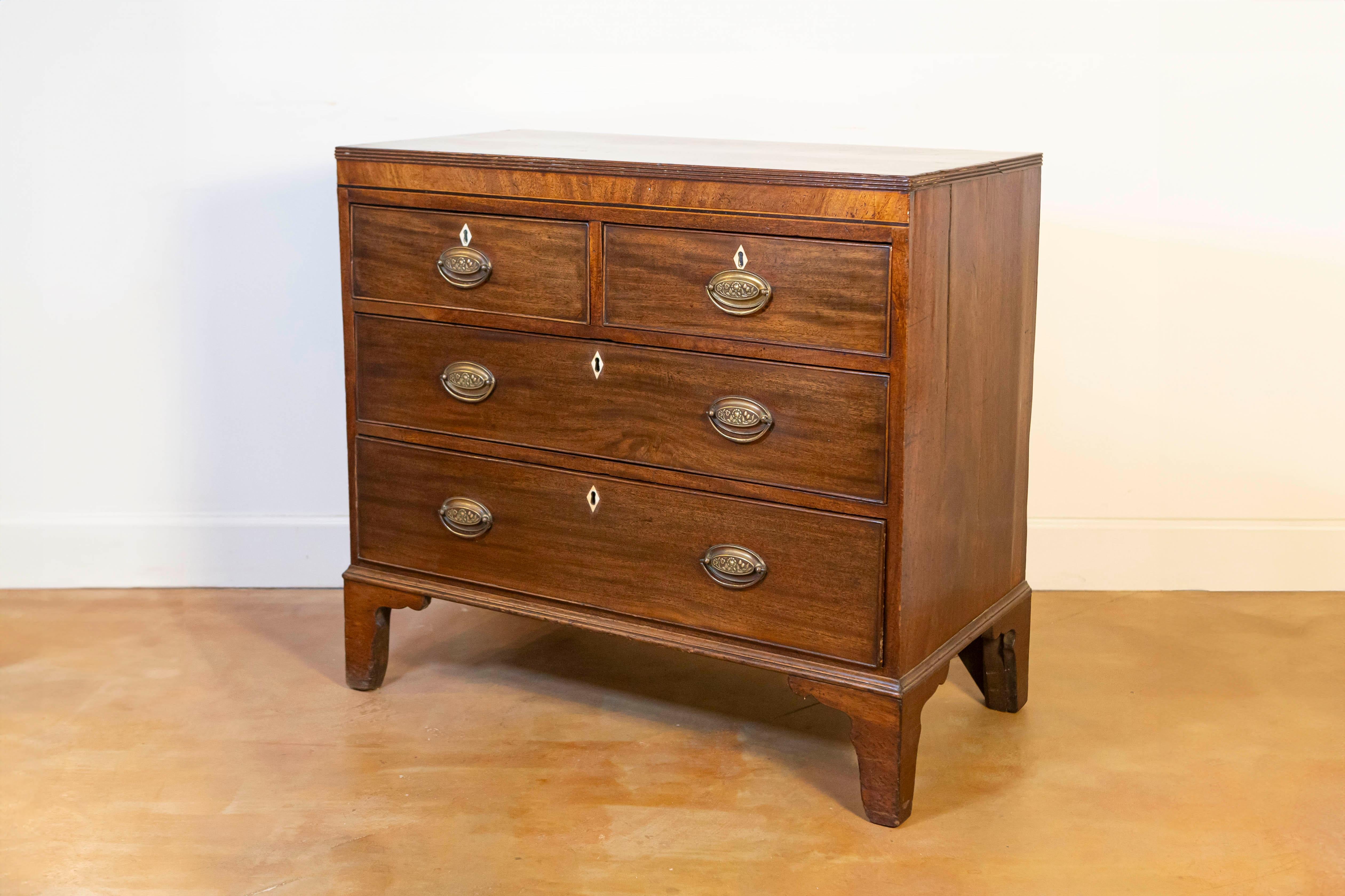 Inlay English Georgian Style Walnut Four-Drawer Chest with Sheraton Style Hardware For Sale