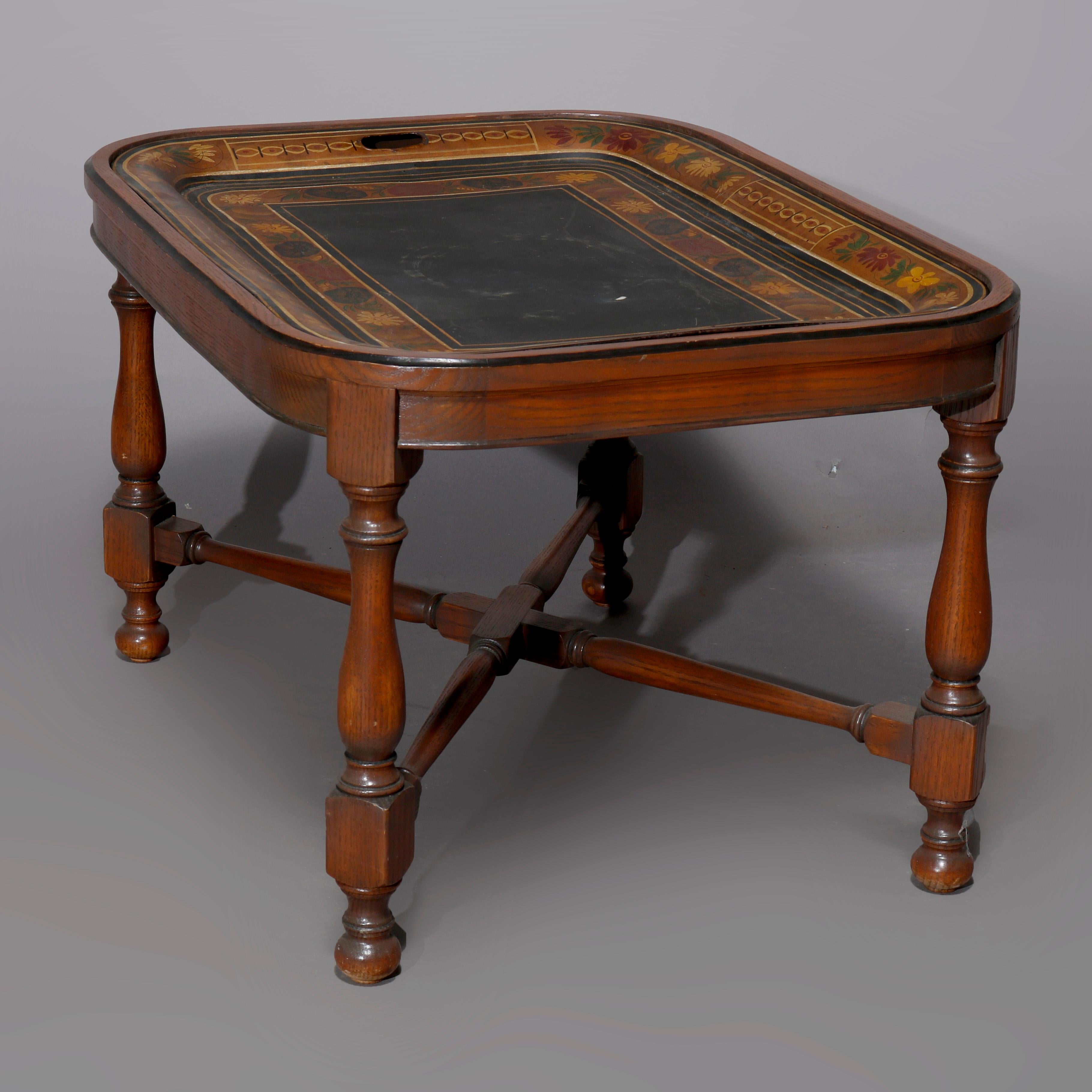 English Georgian Style Walnut Tea Table & Removable Toleware Serving Tray 20th For Sale 5