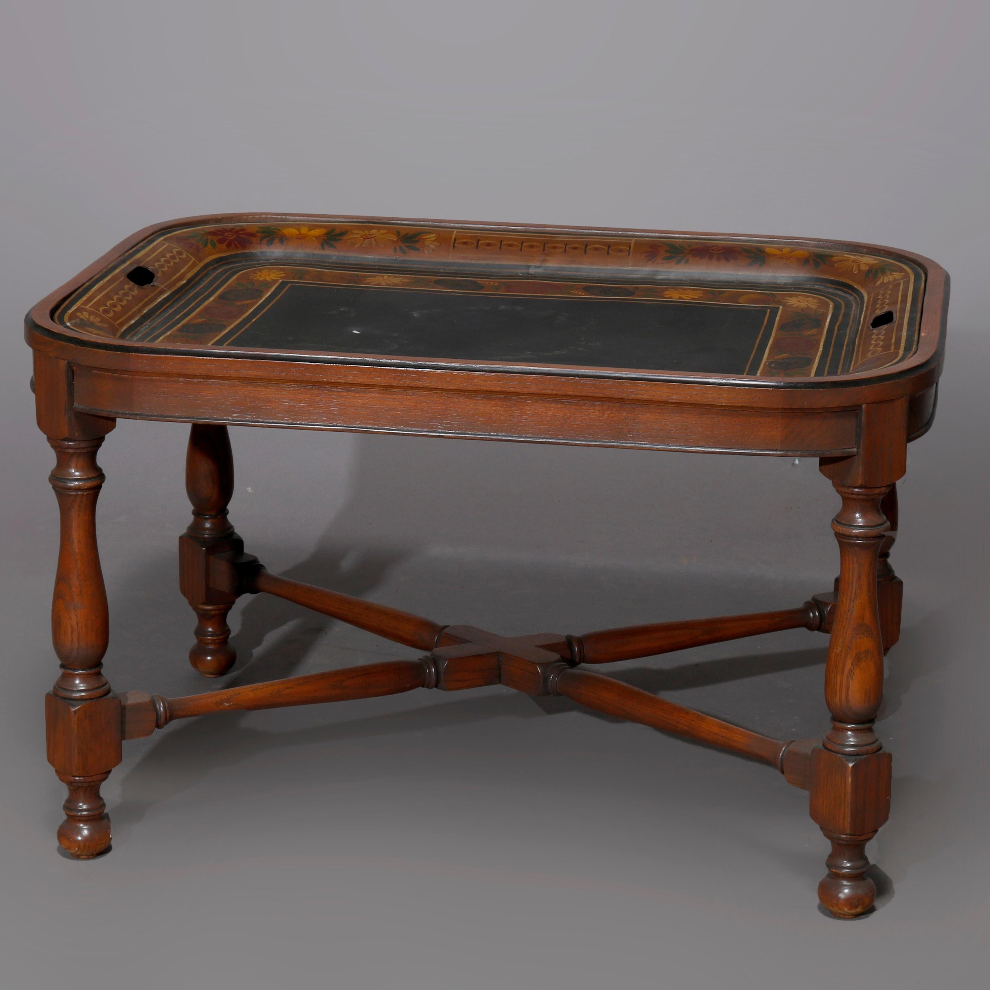 English Georgian Style Walnut Tea Table & Removable Toleware Serving Tray 20th For Sale 8