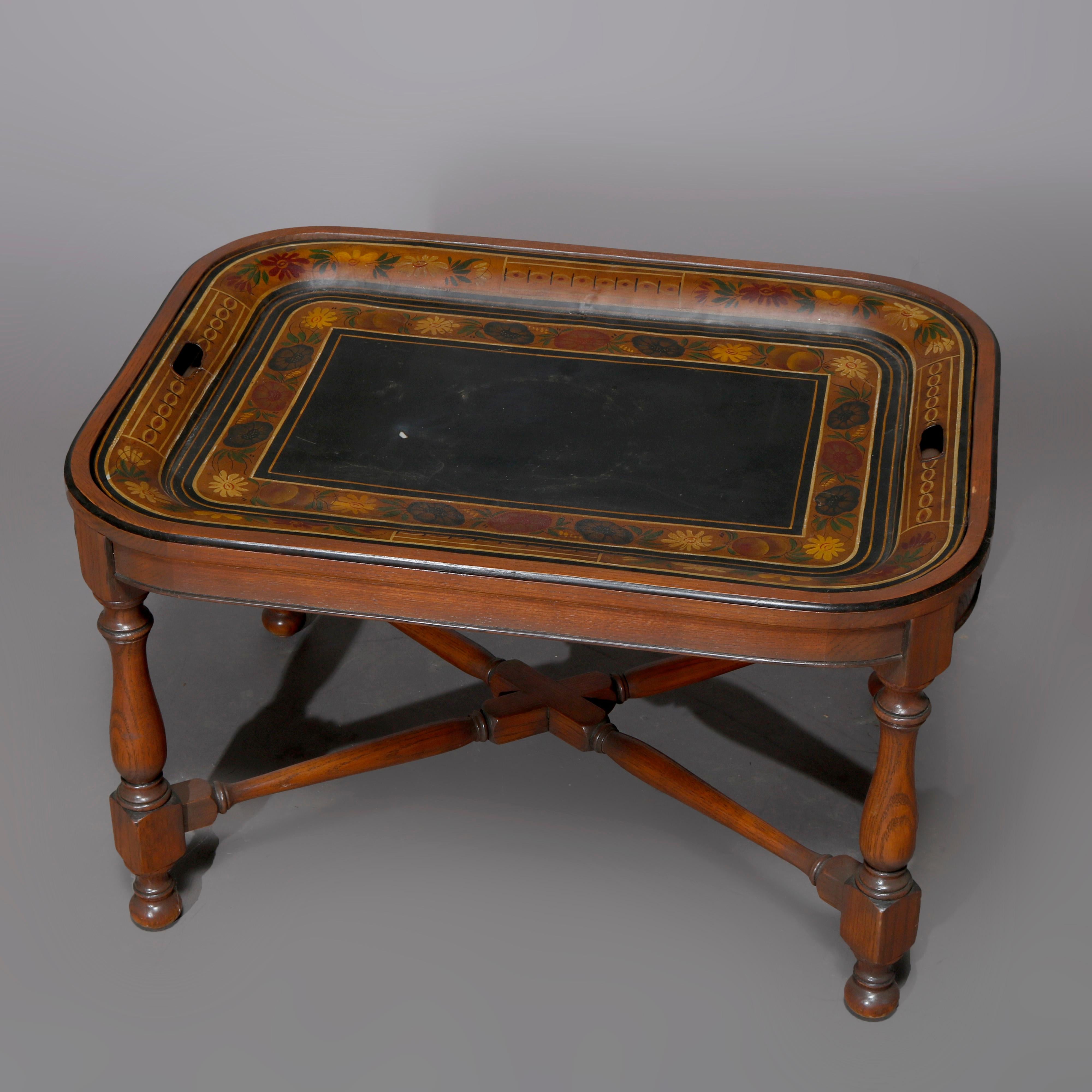 English Georgian Style Walnut Tea Table & Removable Toleware Serving Tray 20th In Good Condition For Sale In Big Flats, NY