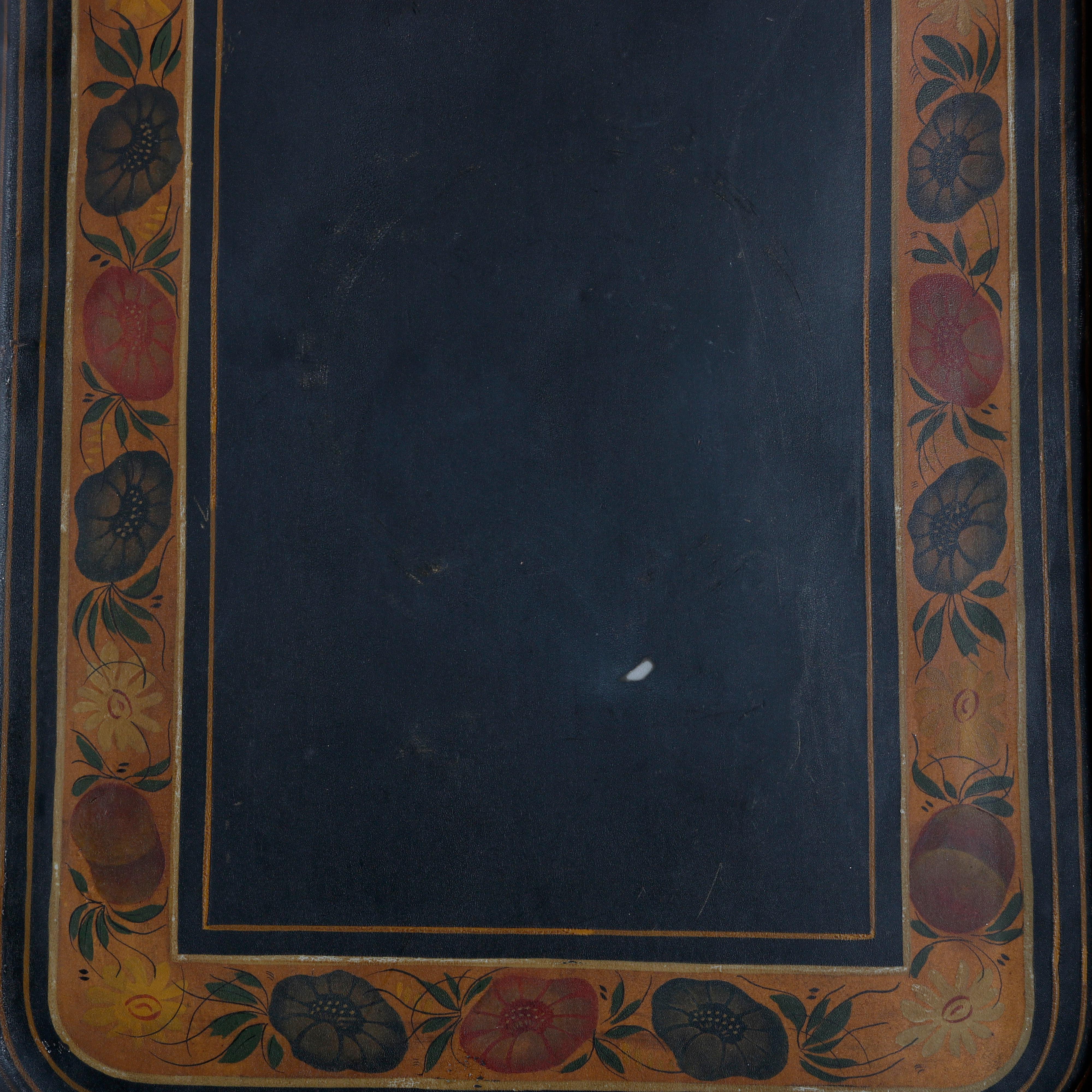 20th Century English Georgian Style Walnut Tea Table & Removable Toleware Serving Tray 20th For Sale
