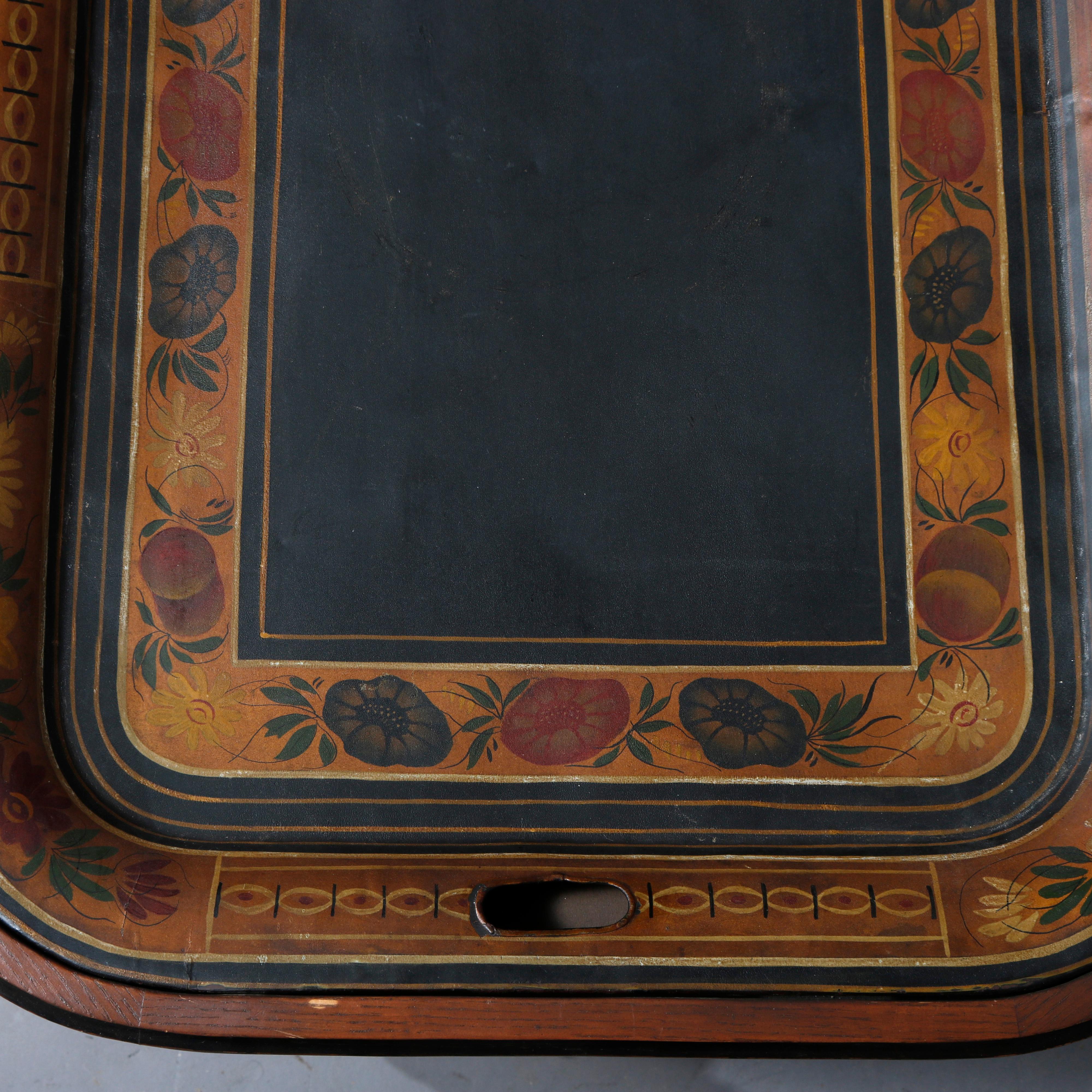 Metal English Georgian Style Walnut Tea Table & Removable Toleware Serving Tray 20th For Sale