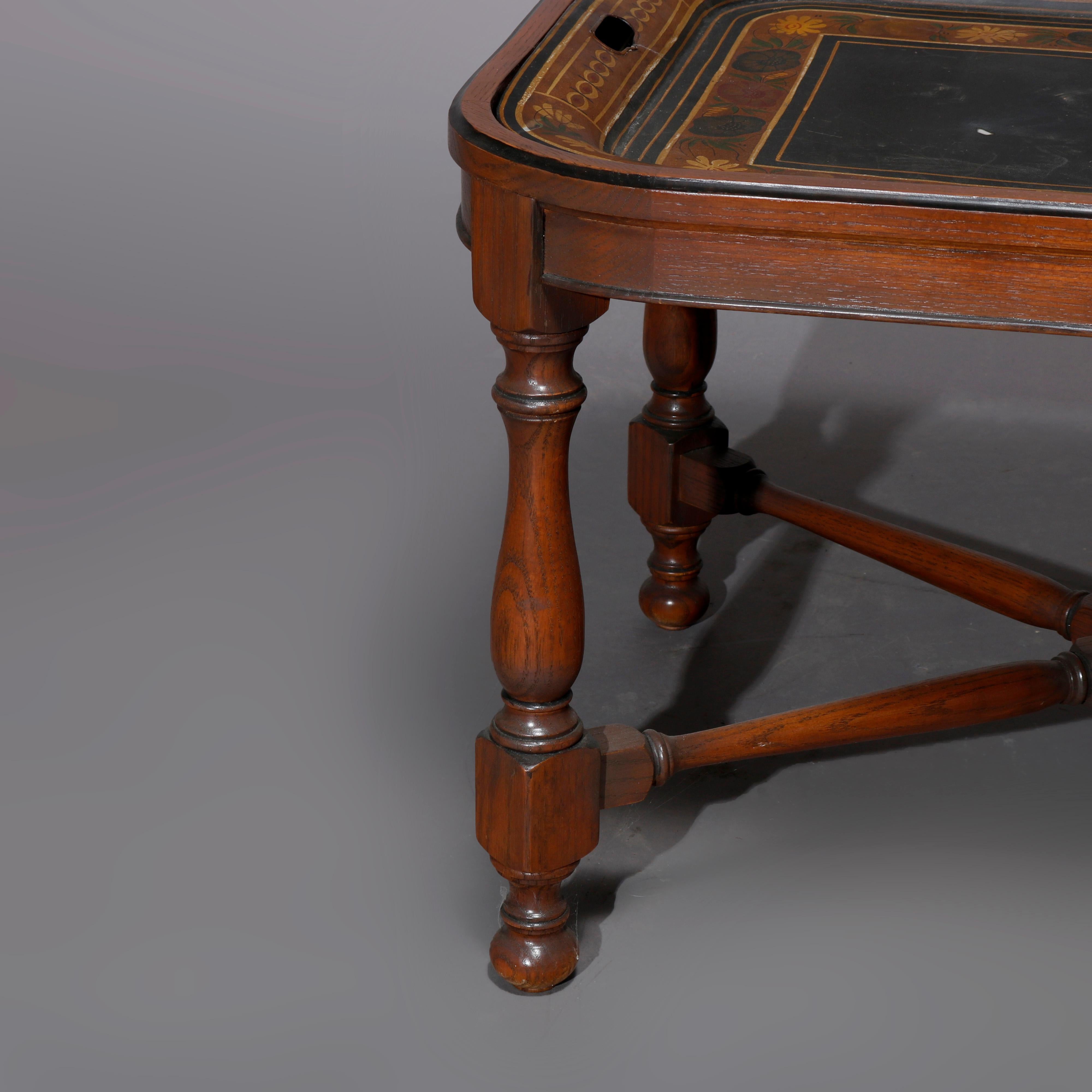 English Georgian Style Walnut Tea Table & Removable Toleware Serving Tray 20th For Sale 1