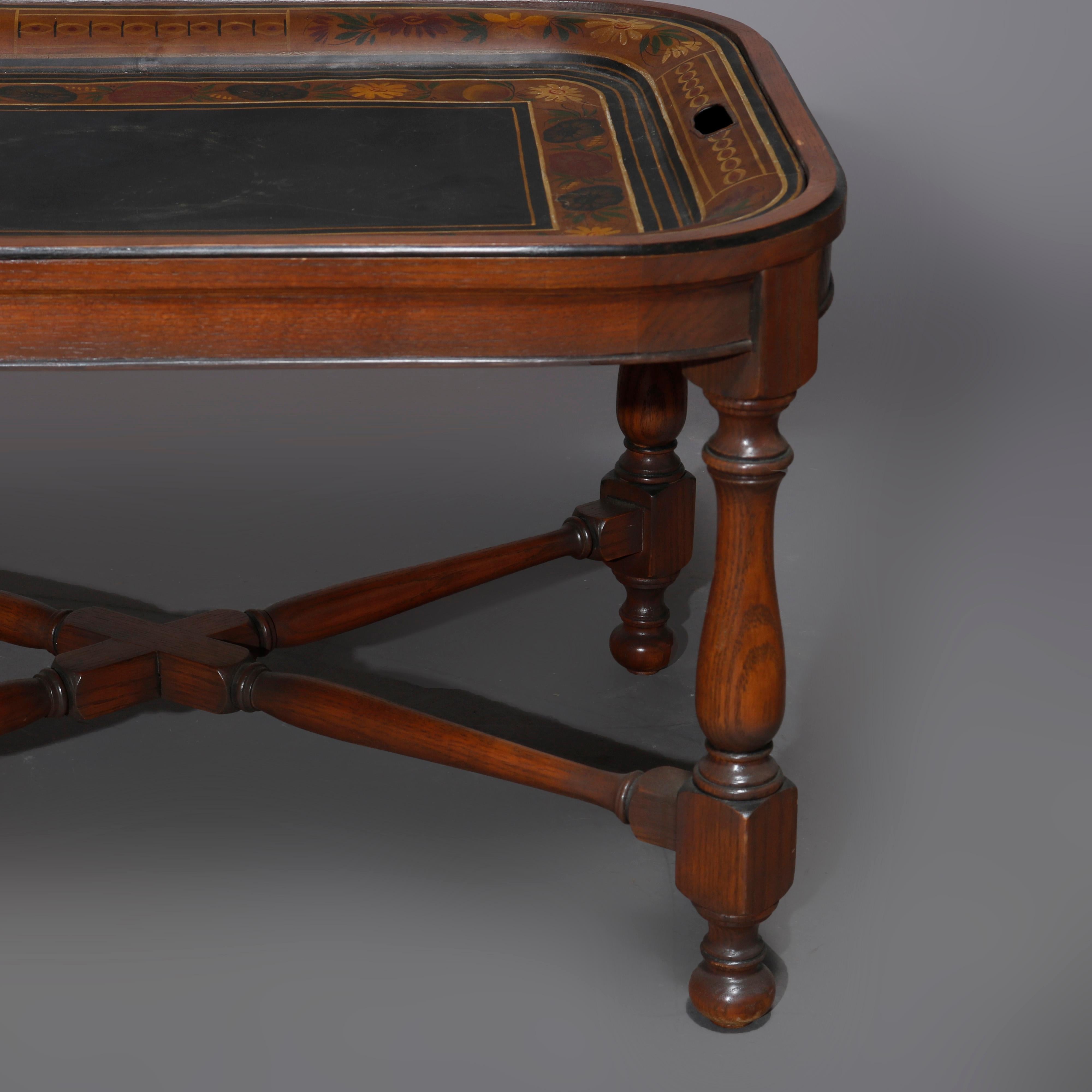 English Georgian Style Walnut Tea Table & Removable Toleware Serving Tray 20th For Sale 2
