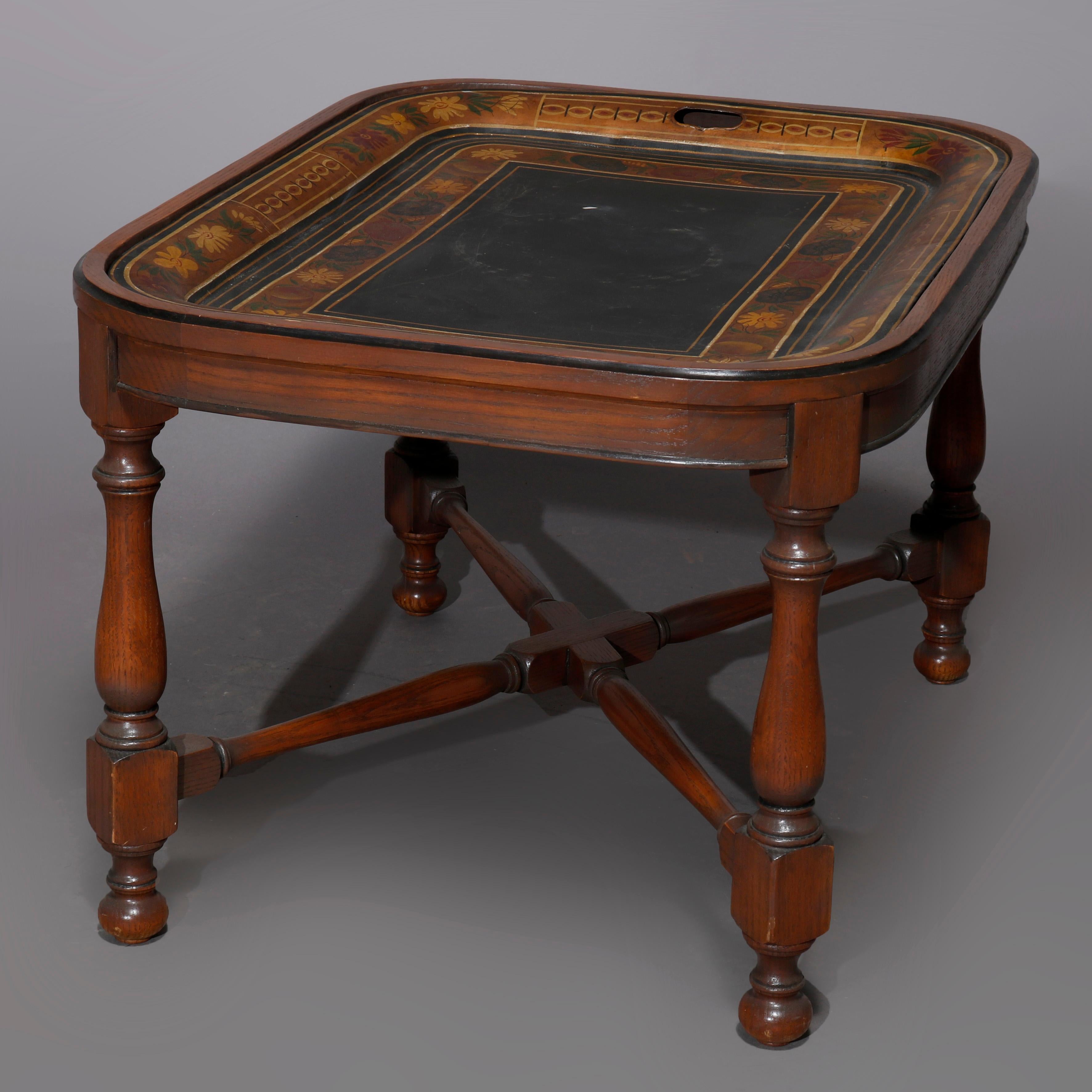 English Georgian Style Walnut Tea Table & Removable Toleware Serving Tray 20th For Sale 3