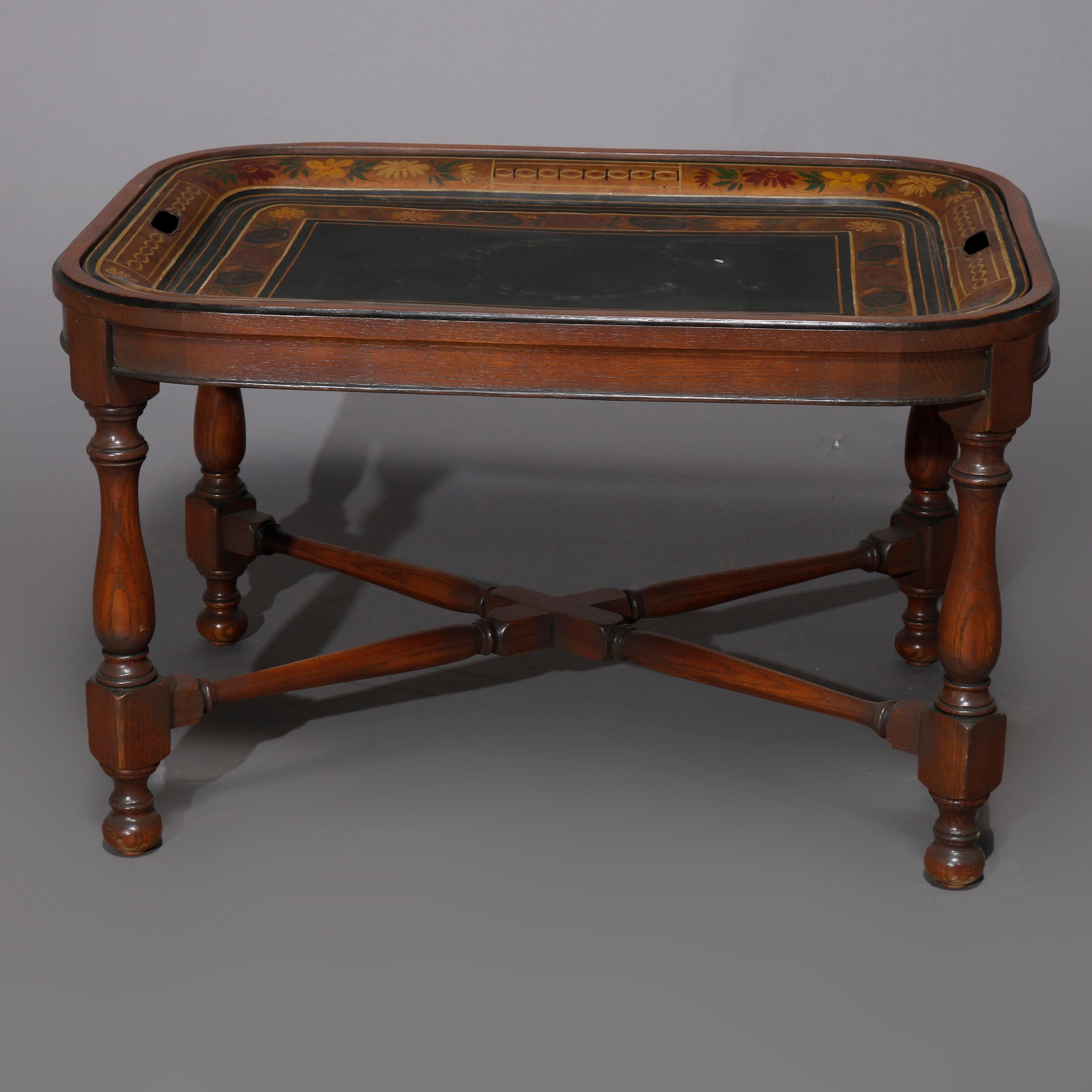 English Georgian Style Walnut Tea Table & Removable Toleware Serving Tray 20th For Sale 4