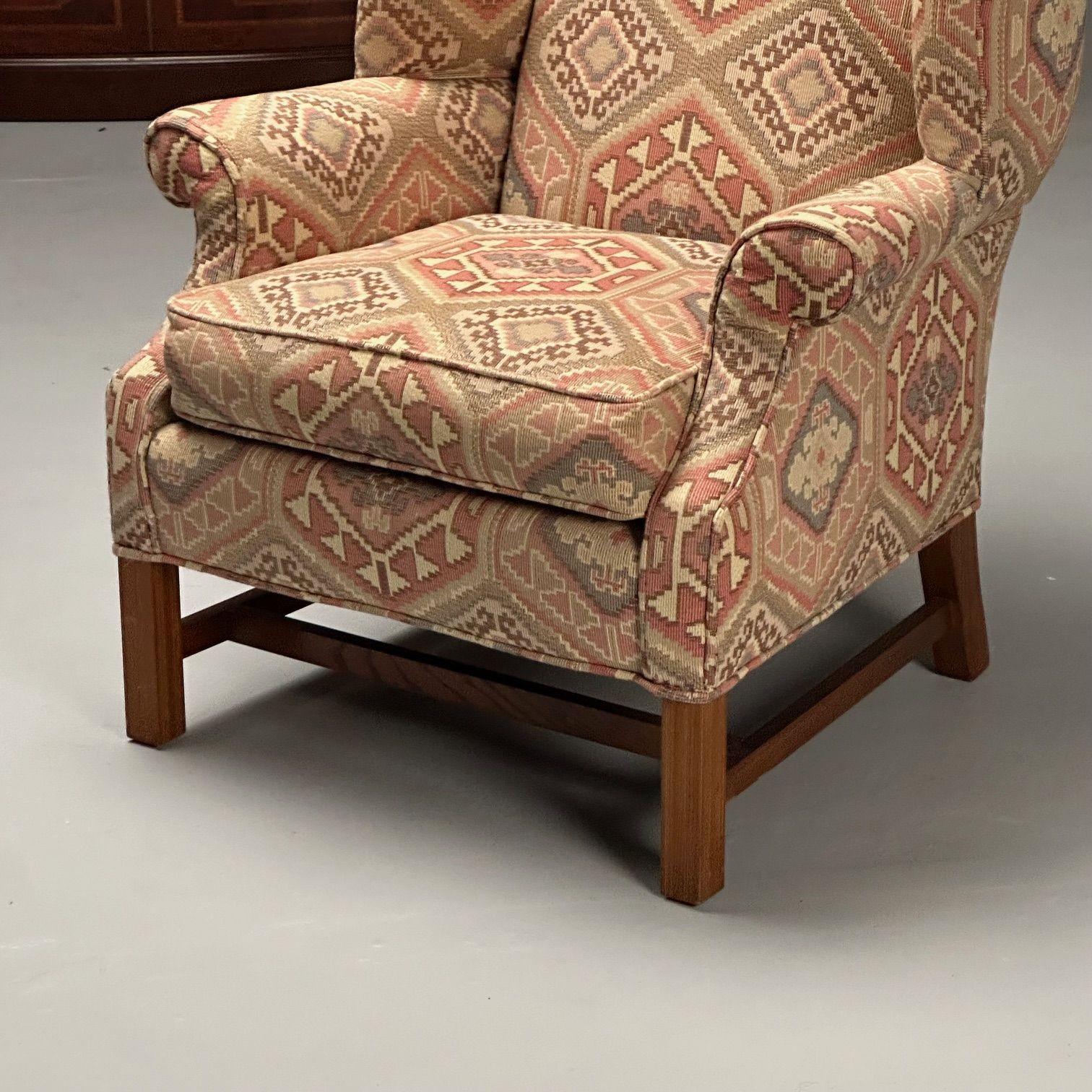 English Georgian Style, Wingback Chairs, Pink Aztec Print, Tapestry Fabric For Sale 2