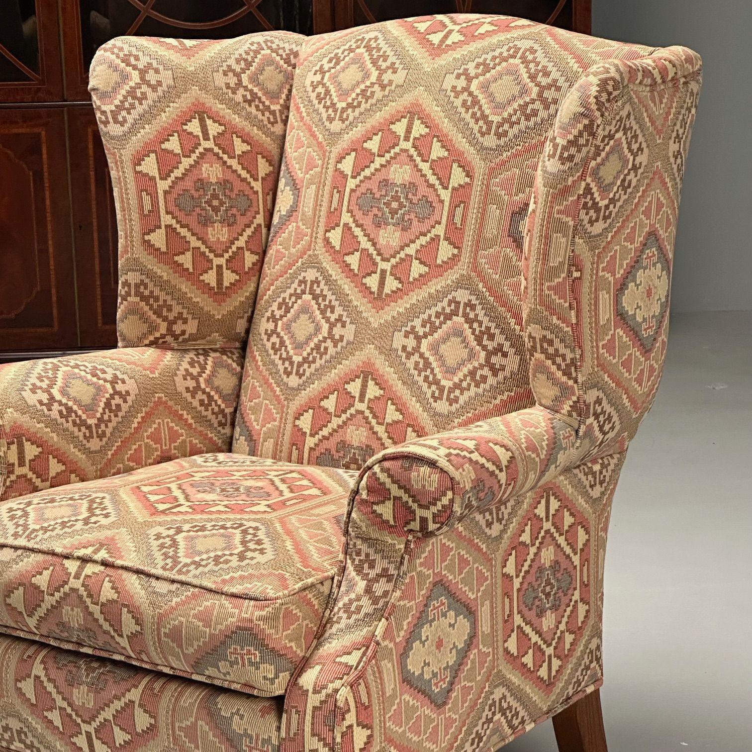 American English Georgian Style, Wingback Chairs, Pink Aztec Print, Tapestry Fabric For Sale