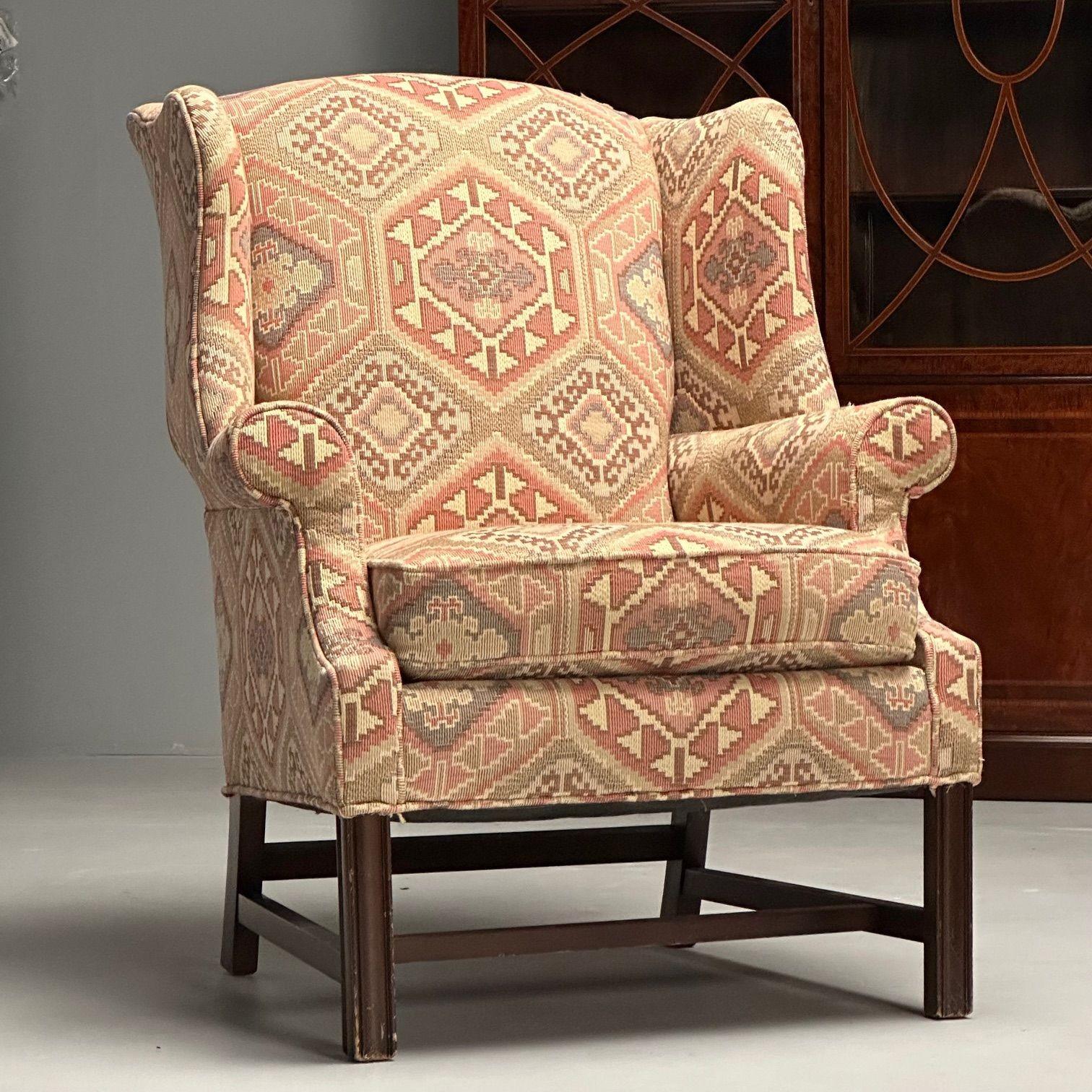 English Georgian Style, Wingback Chairs, Pink Aztec Print, Tapestry Fabric In Good Condition For Sale In Manhasset, NY