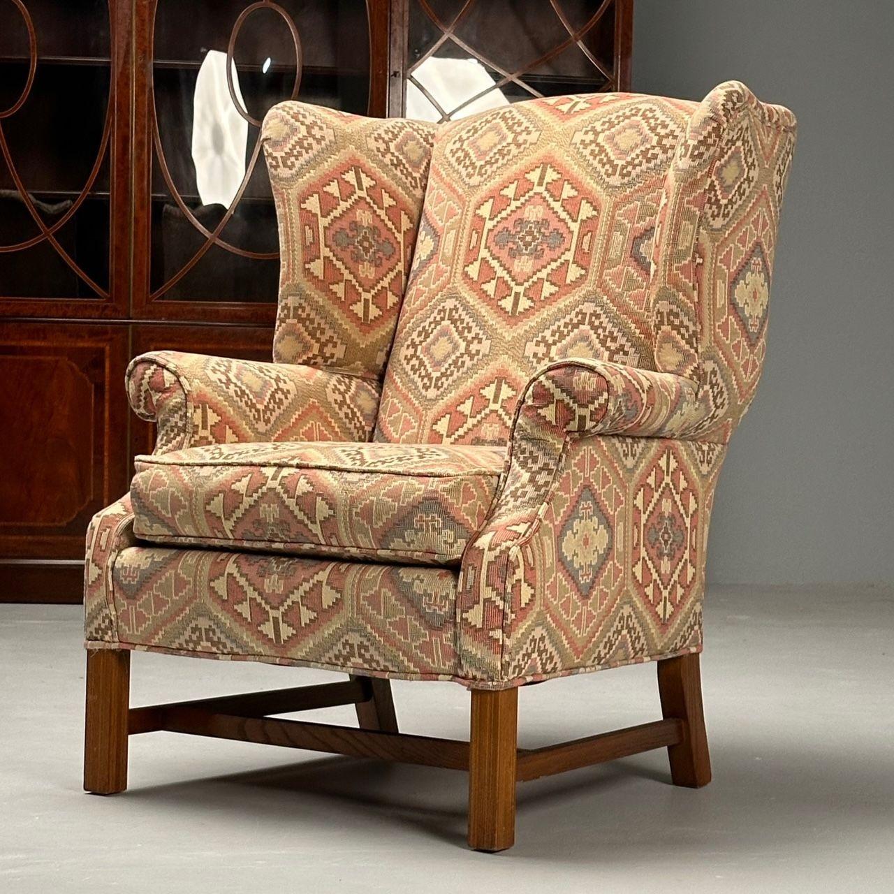 Contemporary English Georgian Style, Wingback Chairs, Pink Aztec Print, Tapestry Fabric For Sale