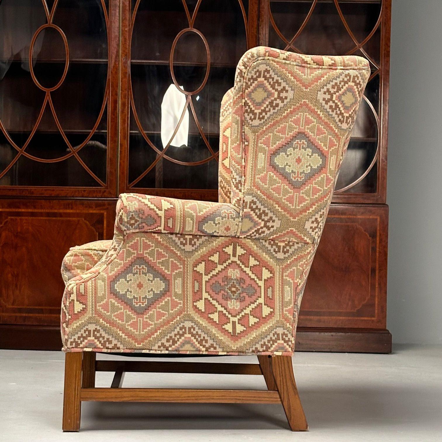 English Georgian Style, Wingback Chairs, Pink Aztec Print, Tapestry Fabric For Sale 1