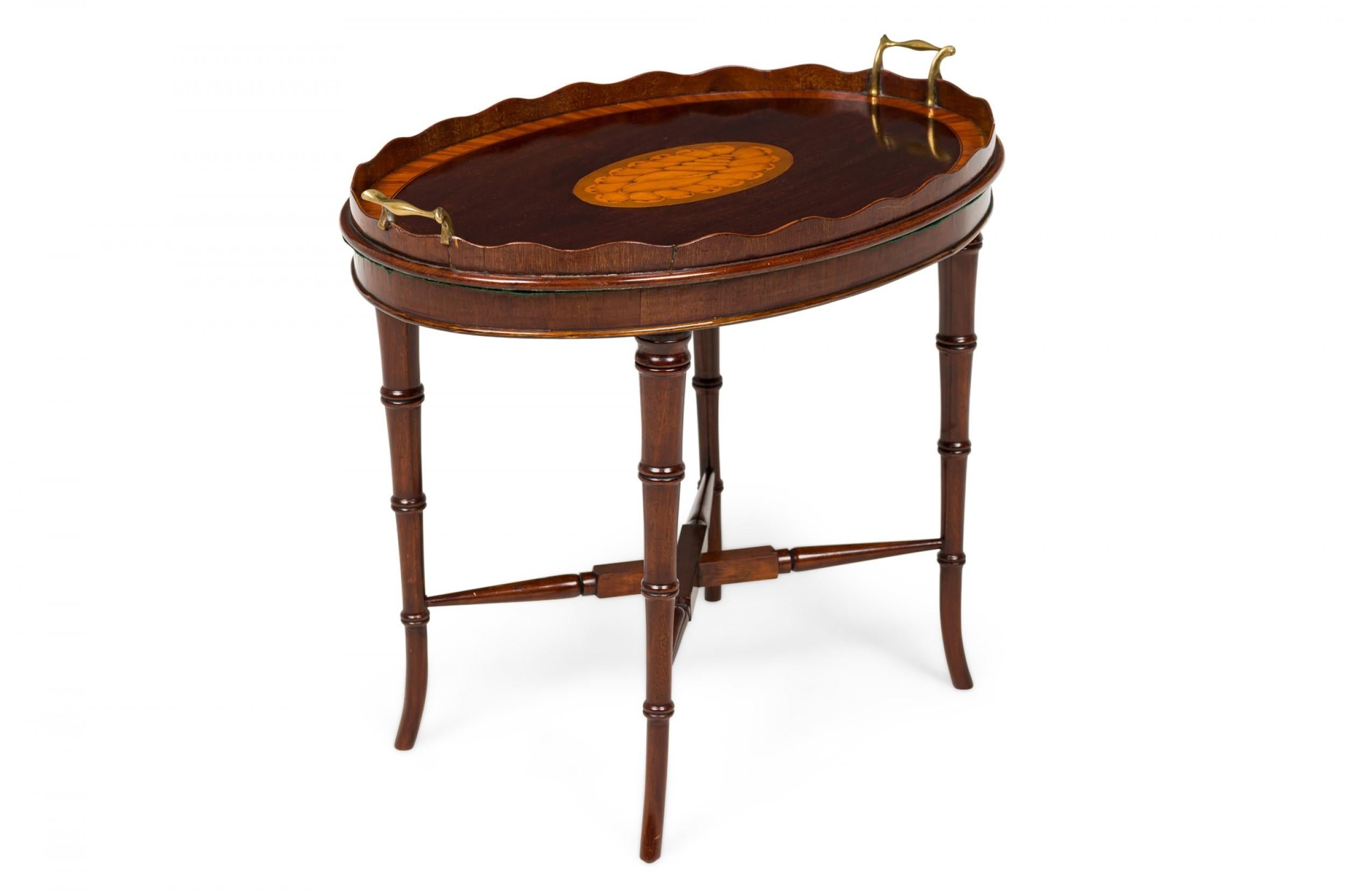 English Georgian Style Wood Tray Top Serving Table with Inlaid Conch Design 3