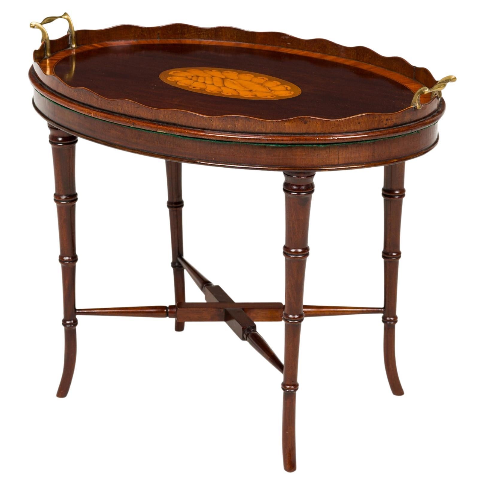 English Georgian Style Wood Tray Top Serving Table with Inlaid Conch Design