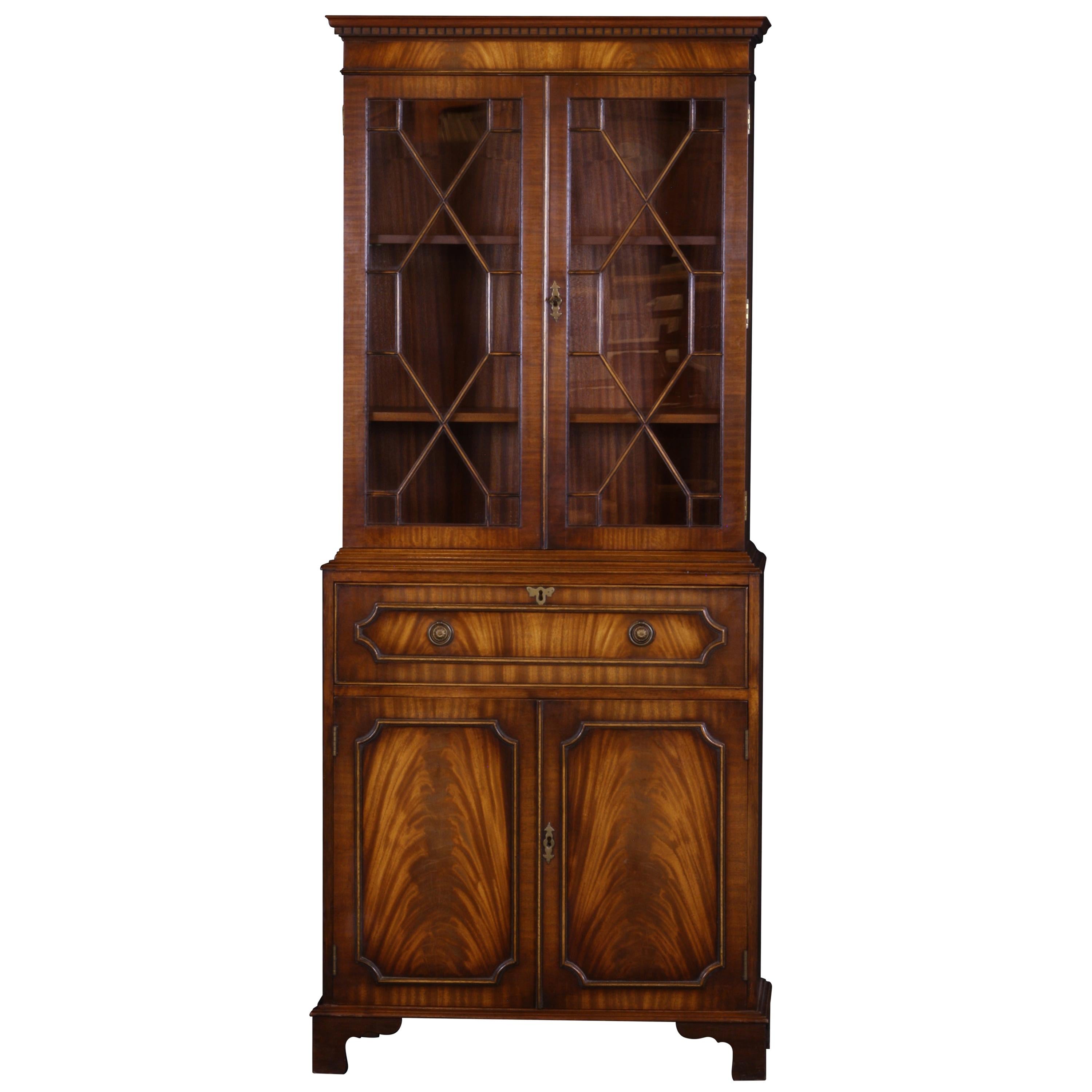 English Georgian Styling Bookcase with Secretary Desk Mahogany with Fitted Desk