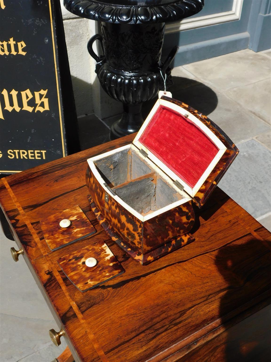 English Georgian Tortoise Shell Hinged Tea Caddy with Bone Ball Feet, C. 1800 4