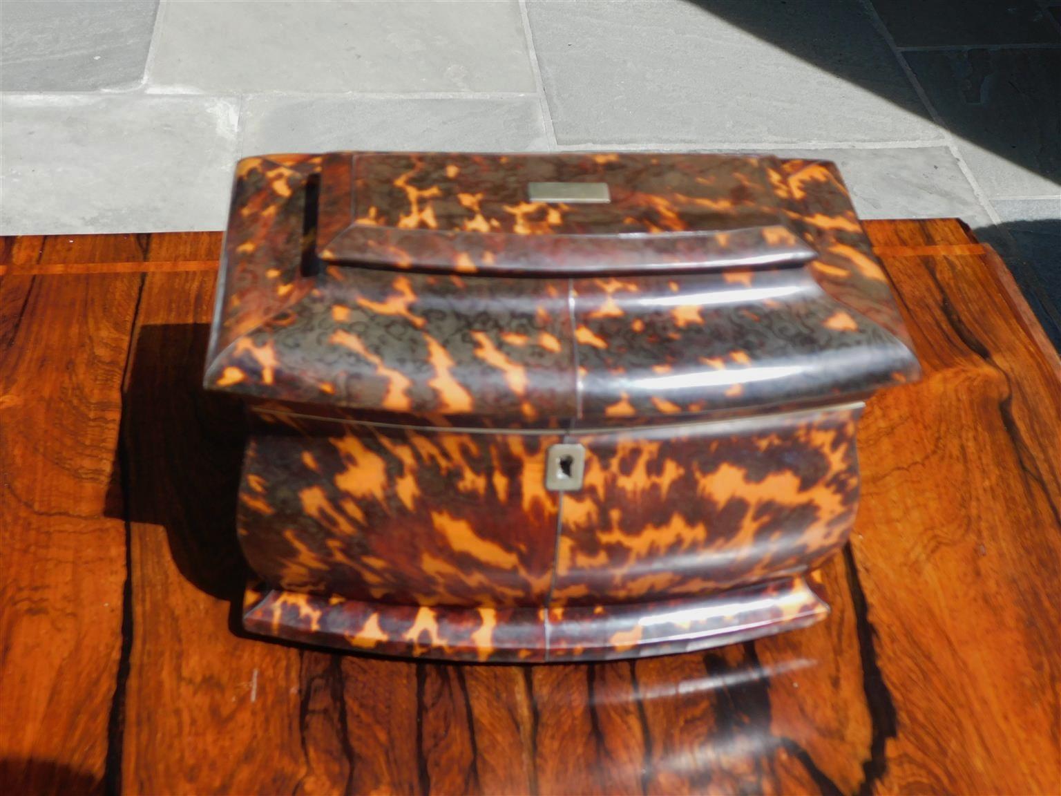 Early 19th Century English Georgian Tortoise Shell Hinged Tea Caddy with Bone Ball Feet, C. 1800