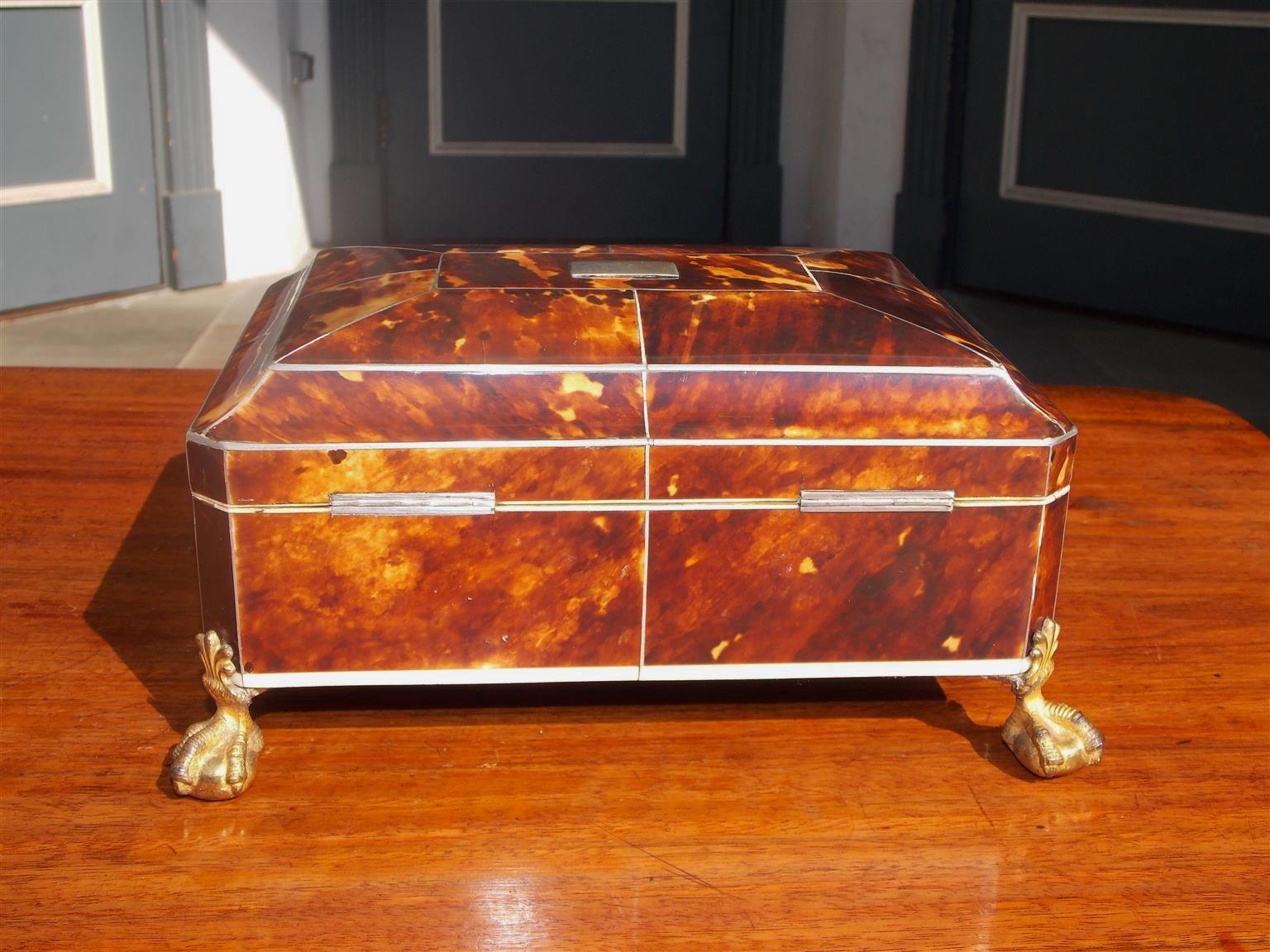 English Georgian Tortoise Shell Sewing Box with Gilt Claw and Ball Feet, C. 1810 1