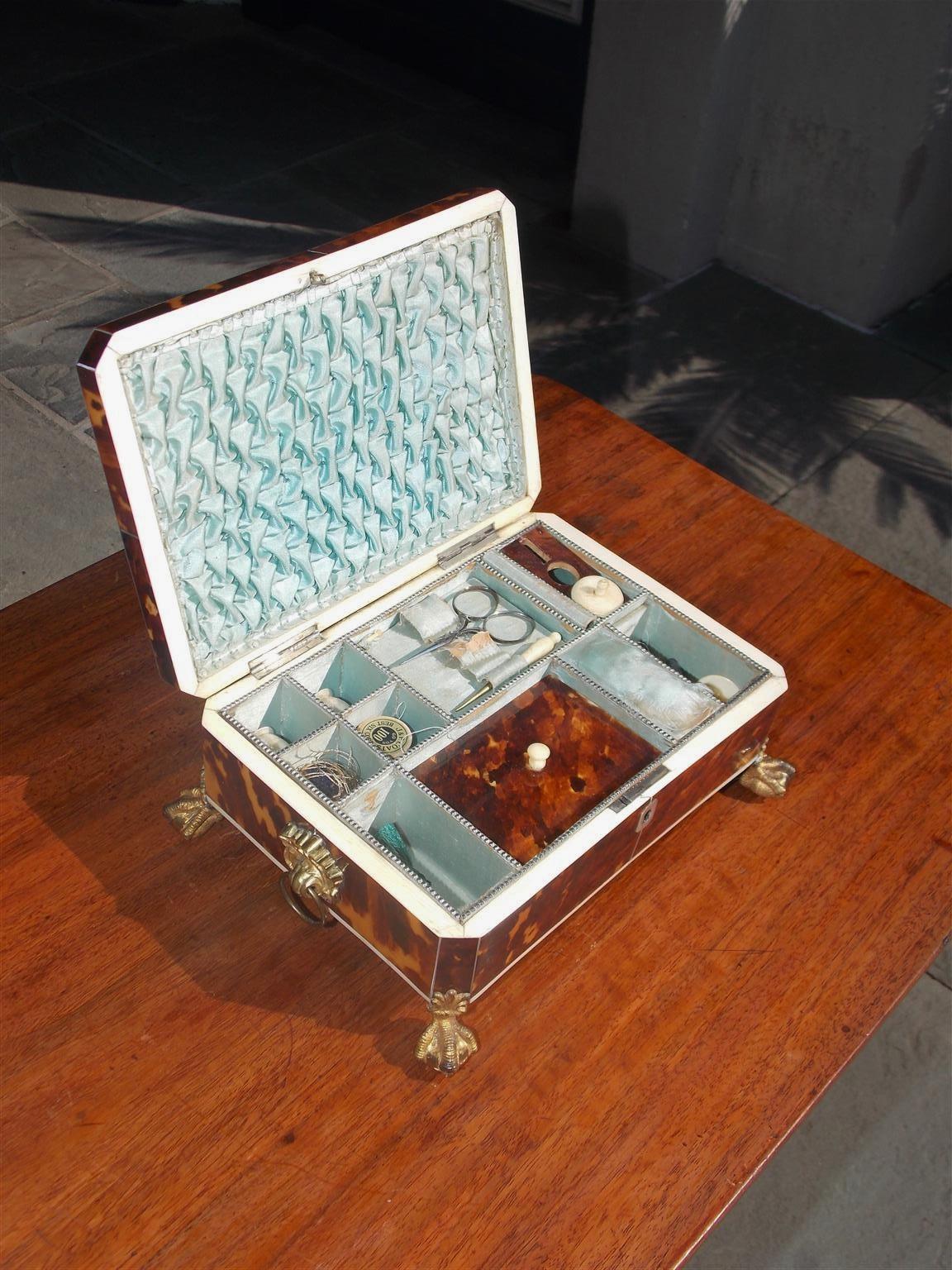 Hand-Carved English Georgian Tortoise Shell Sewing Box with Gilt Claw and Ball Feet, C. 1810