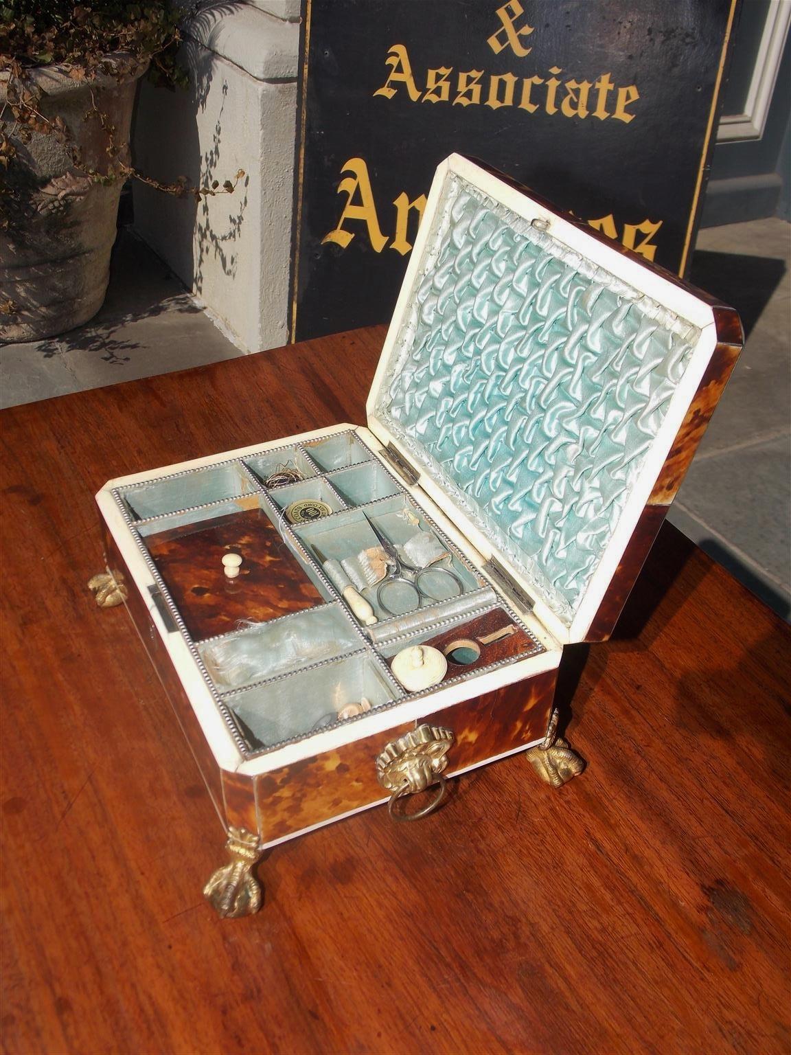 English Georgian Tortoise Shell Sewing Box with Gilt Claw and Ball Feet, C. 1810 In Excellent Condition In Hollywood, SC