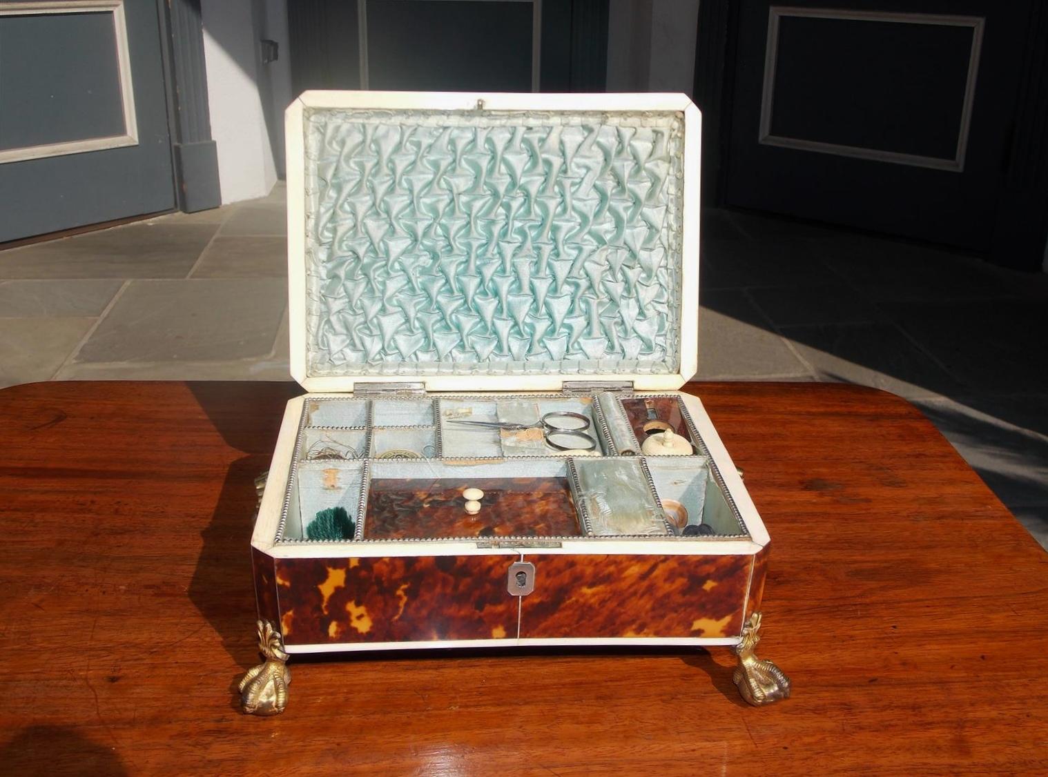 Early 19th Century English Georgian Tortoise Shell Sewing Box with Gilt Claw and Ball Feet, C. 1810
