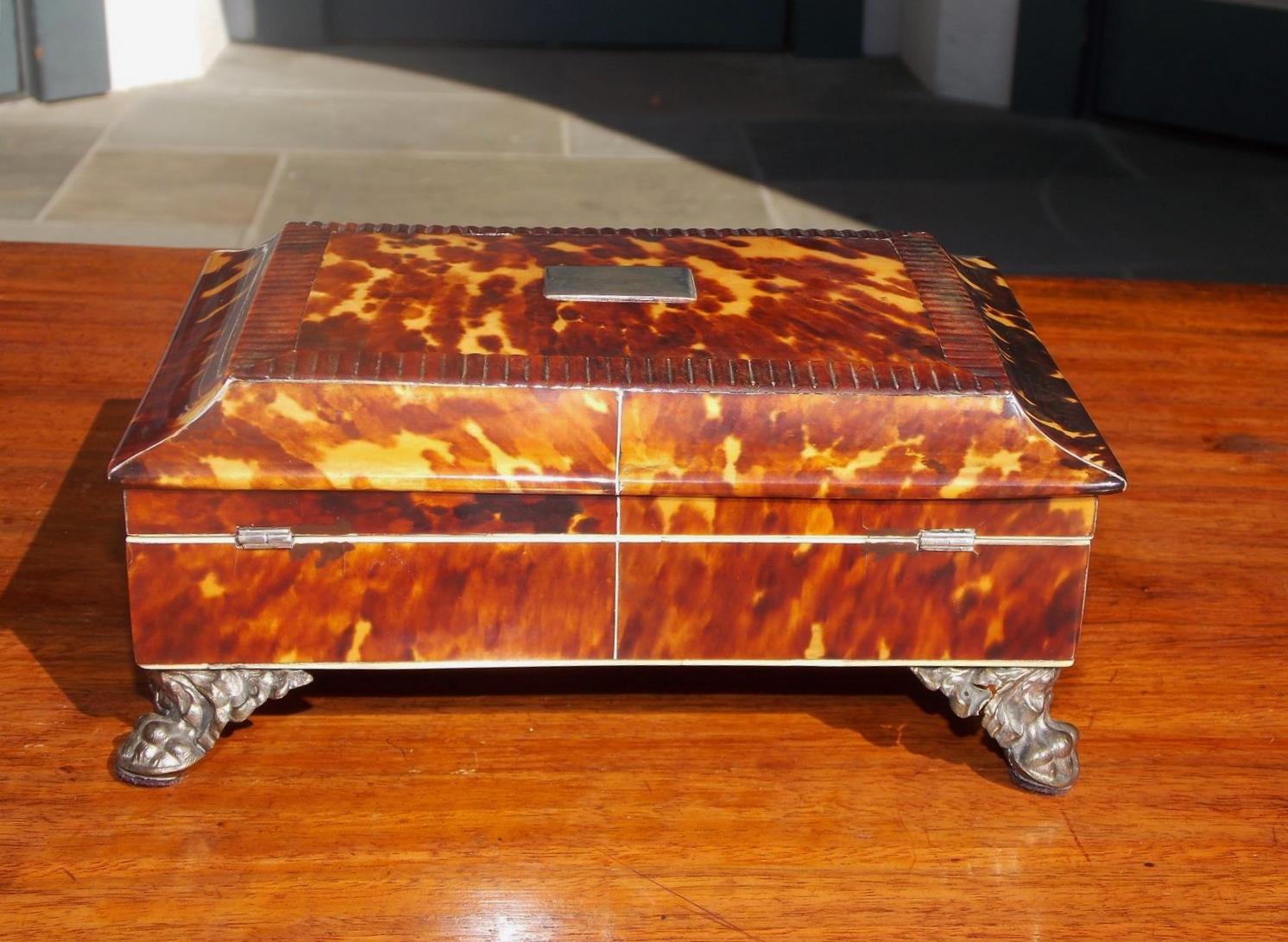 English Georgian Tortoise Shell Sewing Box with Silver Winged Paw Feet, C. 1810 For Sale 2