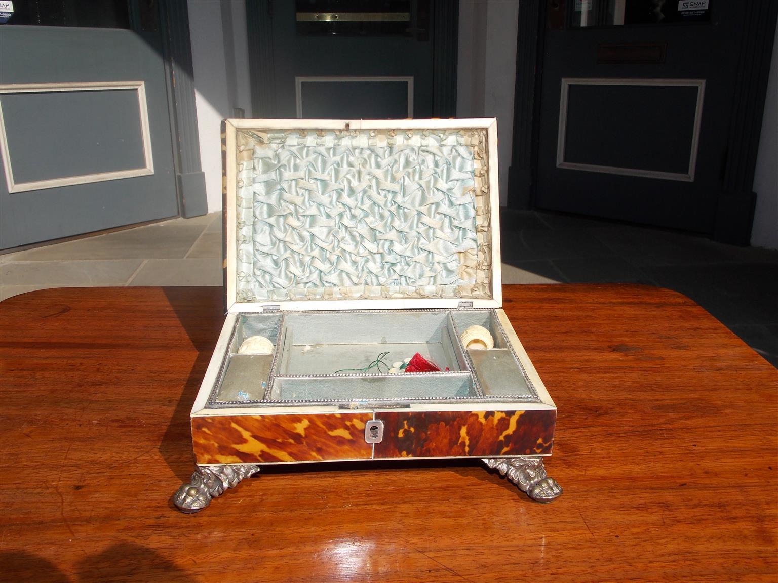 Early 19th Century English Georgian Tortoise Shell Sewing Box with Silver Winged Paw Feet, C. 1810 For Sale