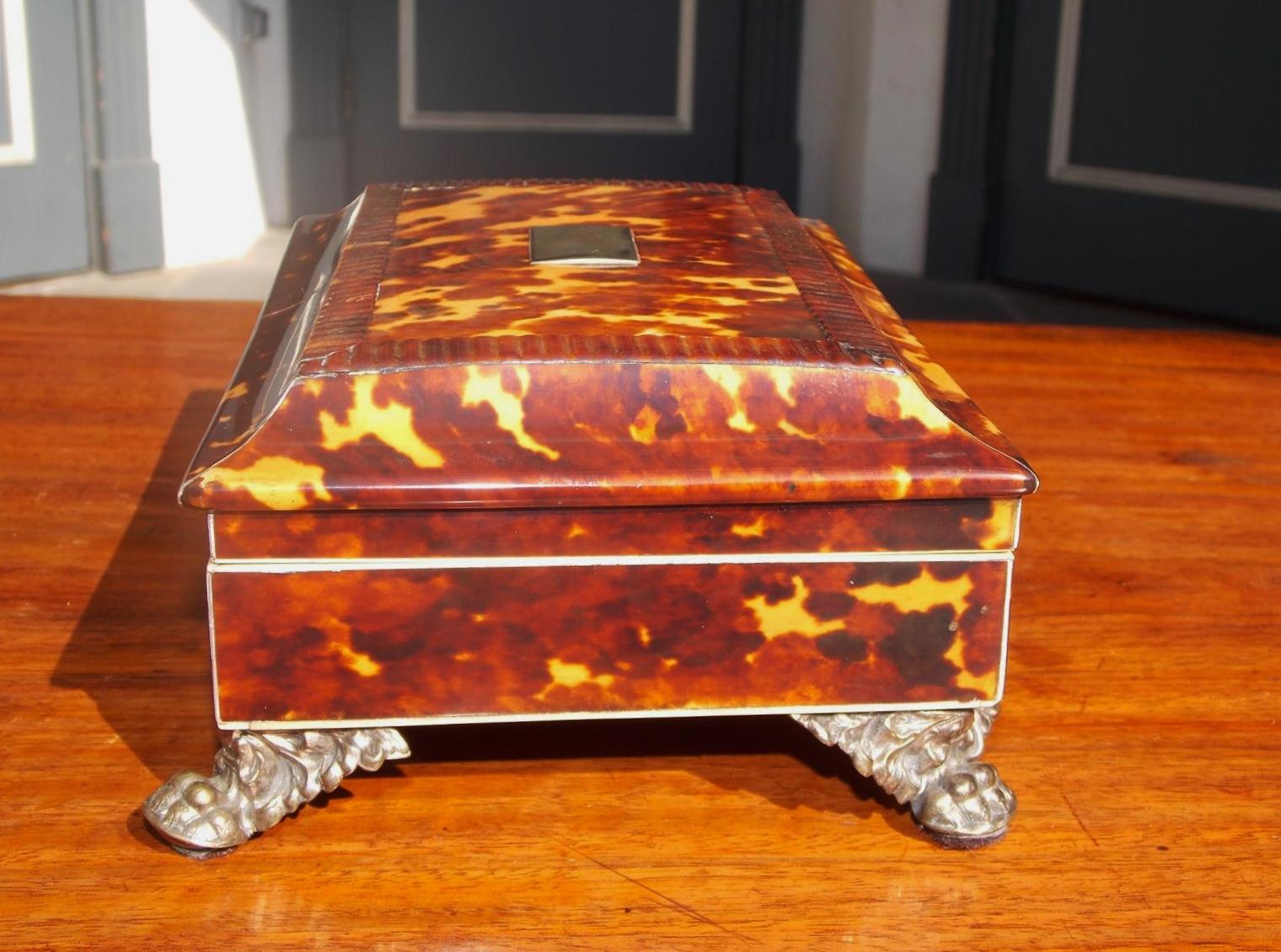 English Georgian Tortoise Shell Sewing Box with Silver Winged Paw Feet, C. 1810 For Sale 1