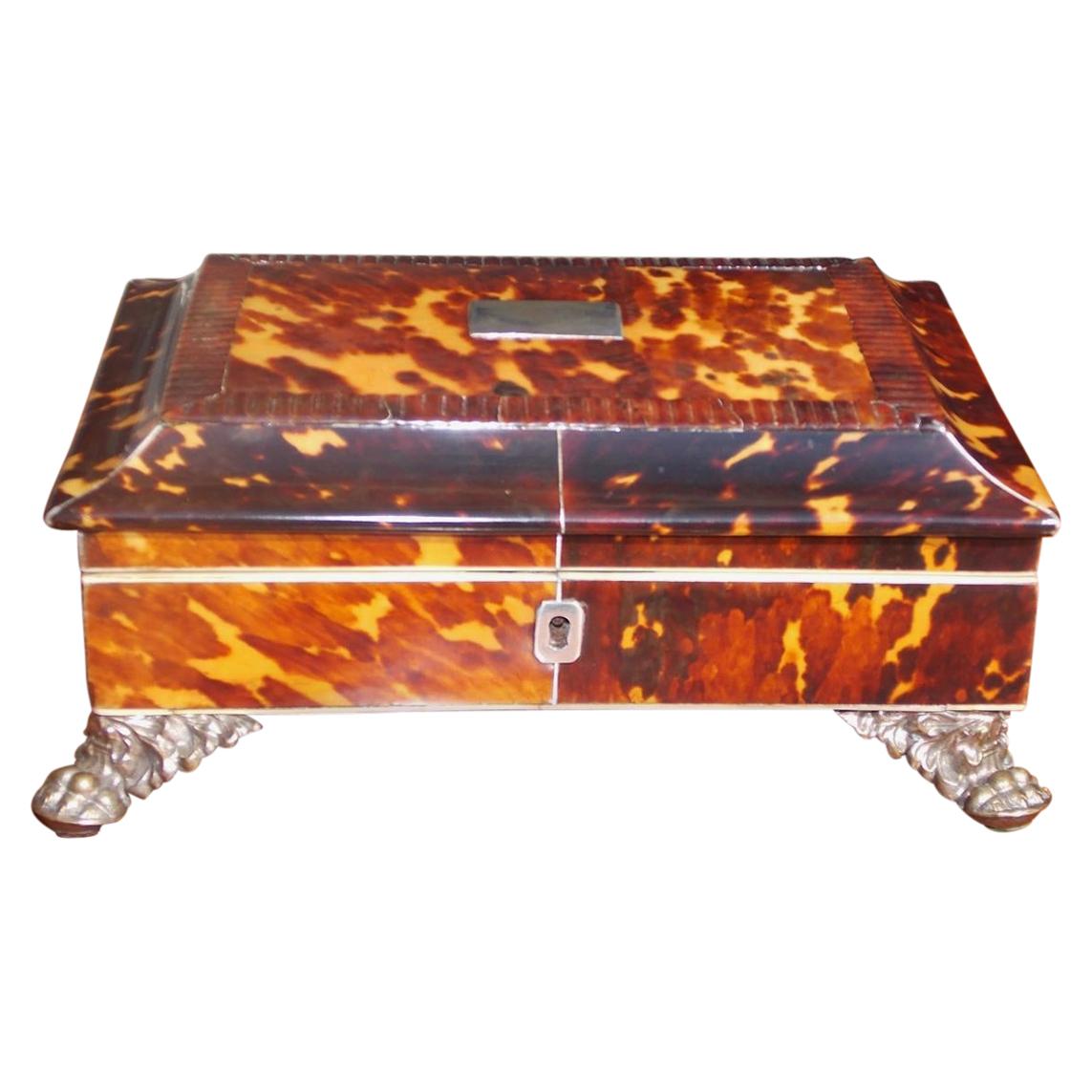 English Georgian Tortoise Shell Sewing Box with Silver Winged Paw Feet, C. 1810