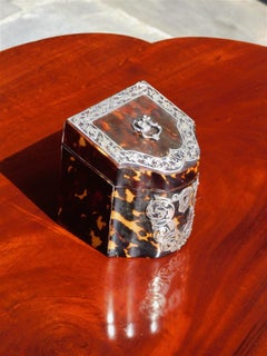 Boîte à thé géorgienne anglaise à charnière en écaille de tortue et monture en argent avec clé, vers 1770