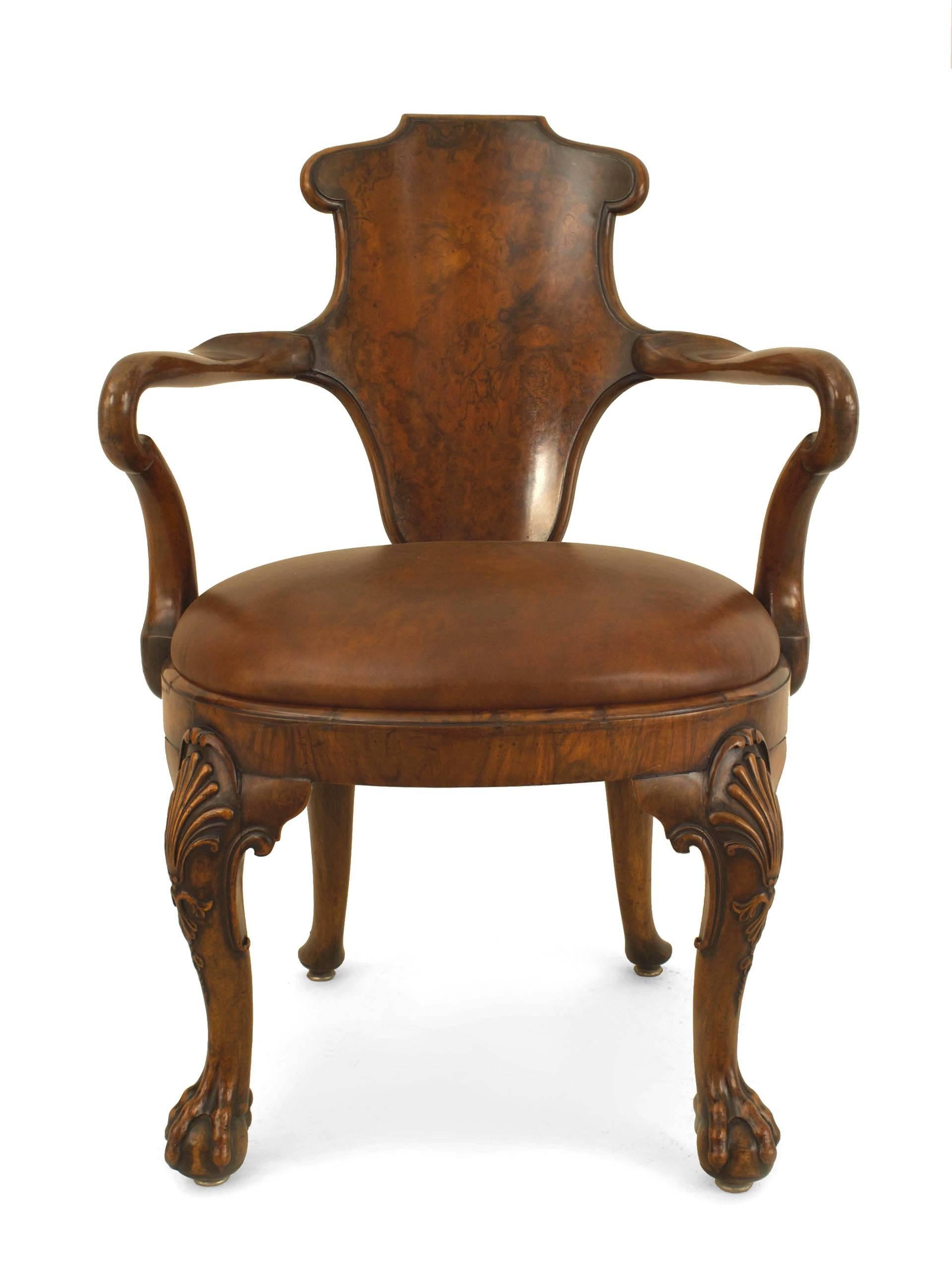 English Georgian (18th century) walnut spoon back open armchair with a burl oval back.