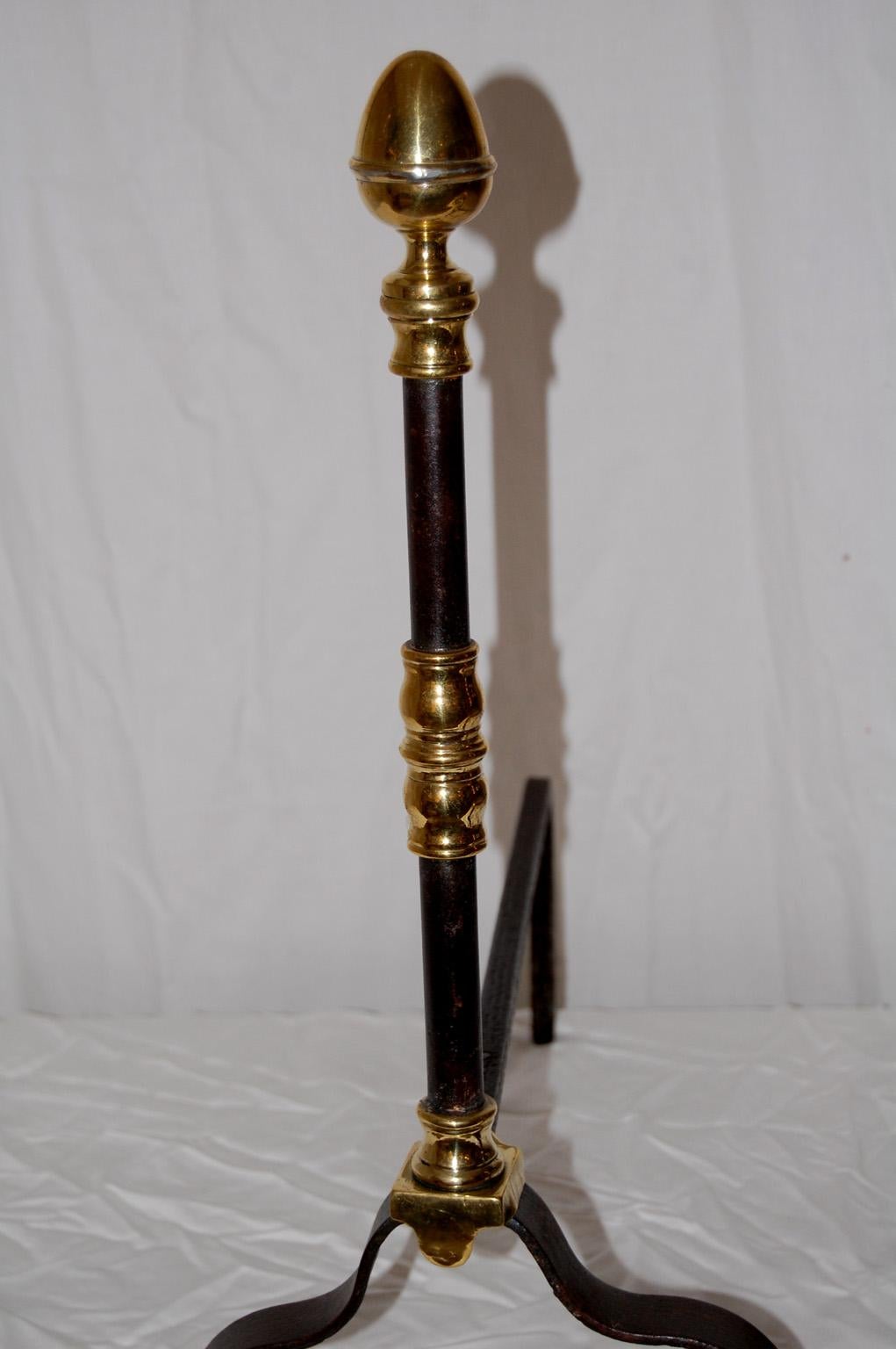 Early 19th Century English Georgian Wrought Iron and Brass Twenty Two Inch High Andirons For Sale