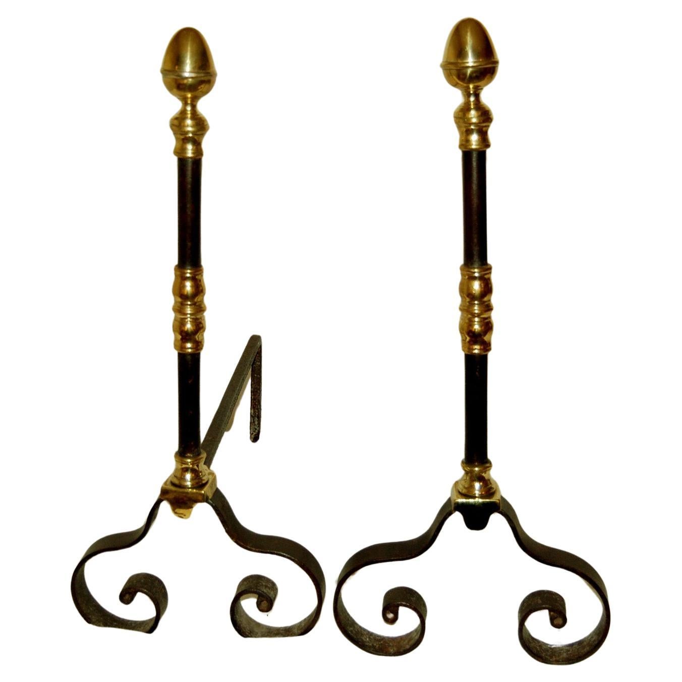 English Georgian Wrought Iron and Brass Twenty Two Inch High Andirons For Sale