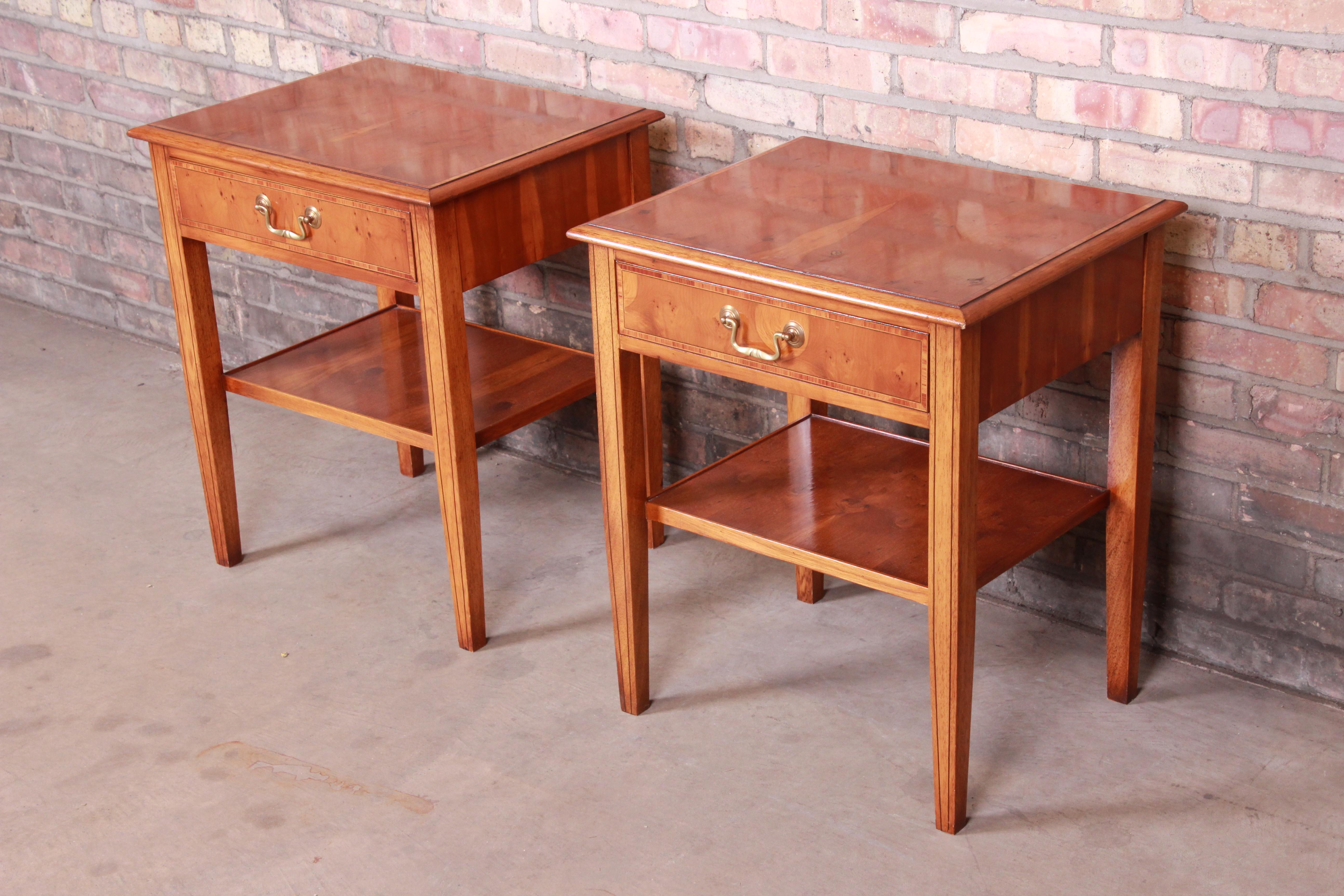 Brass English Georgian Yew Wood and Mahogany Nightstands, Pair