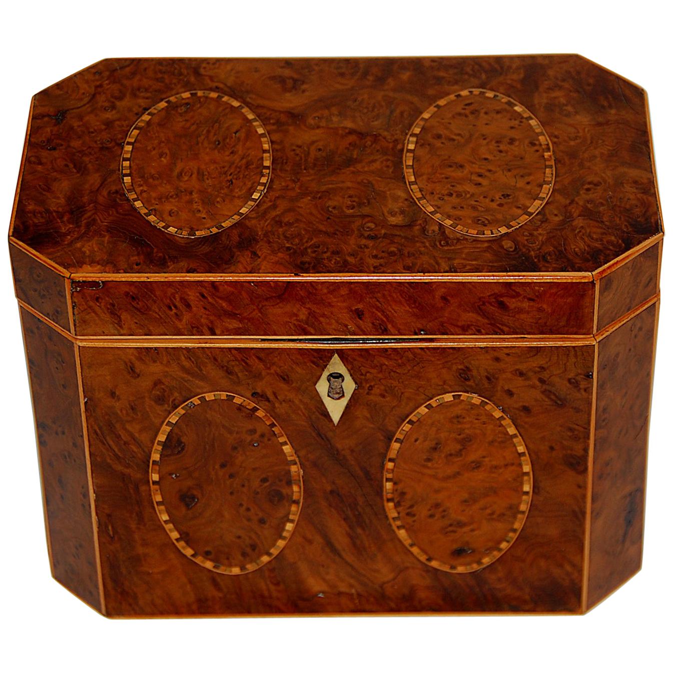 English Georgian Yew Wood Octagonal Tea Caddy with Oval Inlays on Five Sides