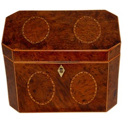 Antique English Georgian Yew Wood Octagonal Tea Caddy with Oval Inlays on Five Sides