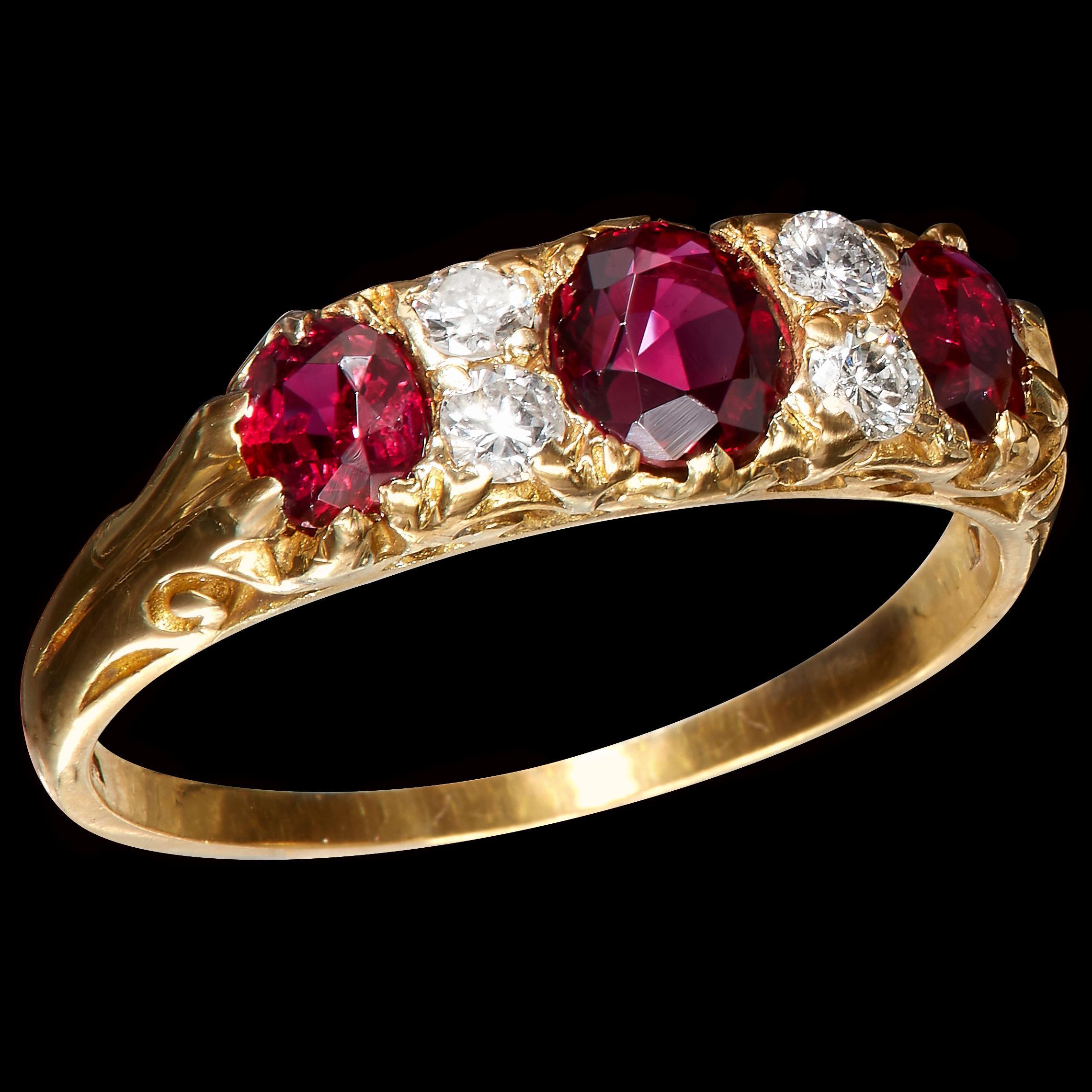 A Beautiful Classic VICTORIAN revival Trilogy Diamond Ring with Three SUPER RARE Gorgeous Ruby, create a hypnotic radiance and luster with splash of color.

Three bright faceted antique Oval Rubies are beyond words!! A NATURAL, NO HEAT in Deep