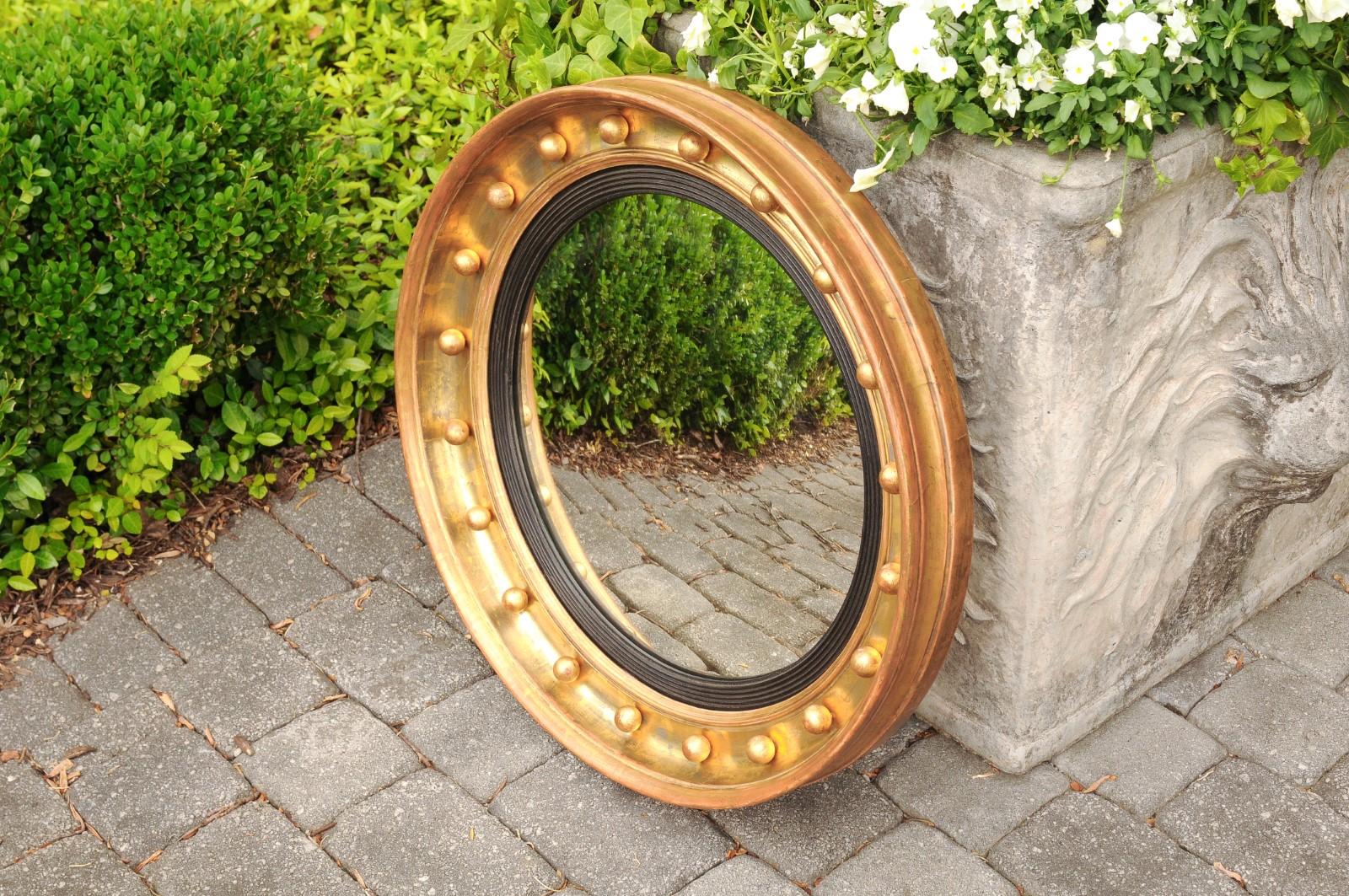 English Gilt and Ebonized Wood Girandole Bull’s-Eye Convex Mirror, circa 1870 4