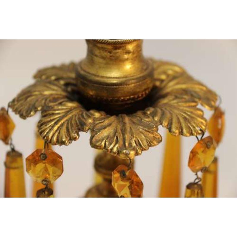 English Gilt Brass Candlesticks with Cut Glass Amber Hanging Lusters, circa 1830 4