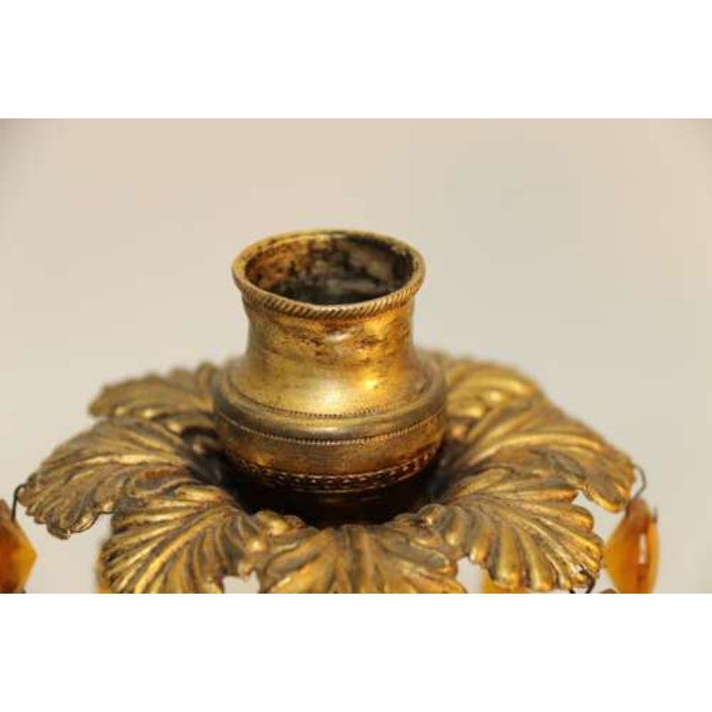 English Gilt Brass Candlesticks with Cut Glass Amber Hanging Lusters, circa 1830 5
