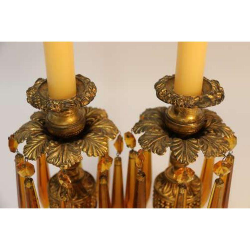 Regency English Gilt Brass Candlesticks with Cut Glass Amber Hanging Lusters, circa 1830