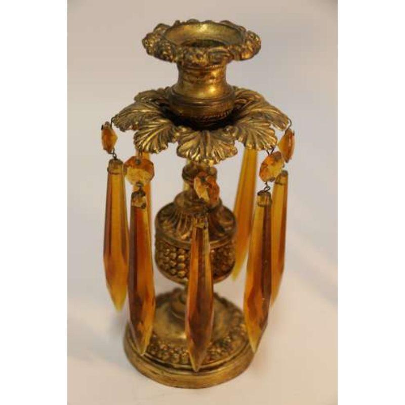 English Gilt Brass Candlesticks with Cut Glass Amber Hanging Lusters, circa 1830 In Good Condition In Central England, GB