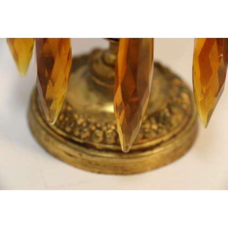 English Gilt Brass Candlesticks with Cut Glass Amber Hanging Lusters, circa 1830 2