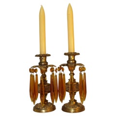 Antique English Gilt Brass Candlesticks with Cut Glass Amber Hanging Lusters, circa 1830