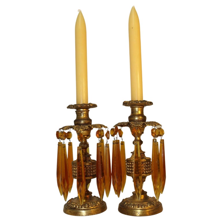 English Gilt Brass Candlesticks with Cut Glass Amber Hanging Lusters