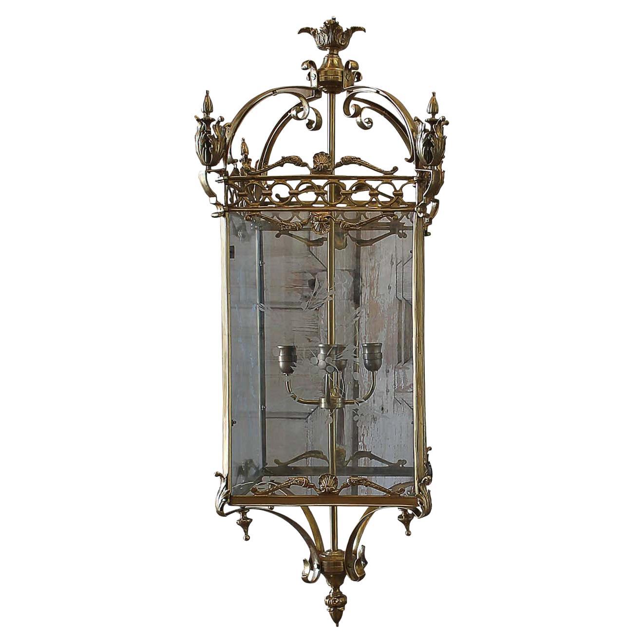 English Gilt Bronze Lantern Lights with Etched Glass