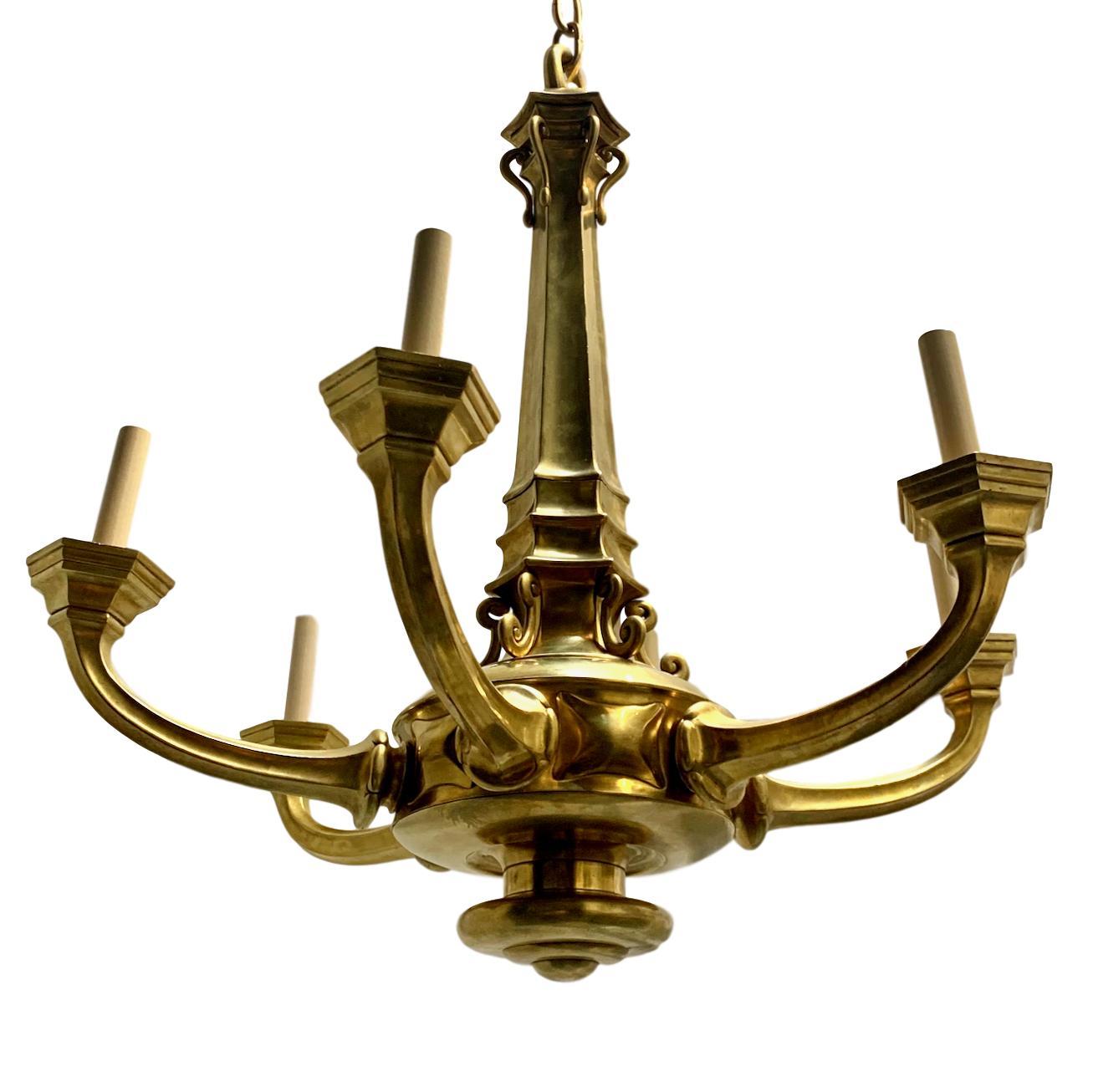 A circa 1930s English cast and gilt bronze chandelier with 6 arms.

Measurements:
Height 33