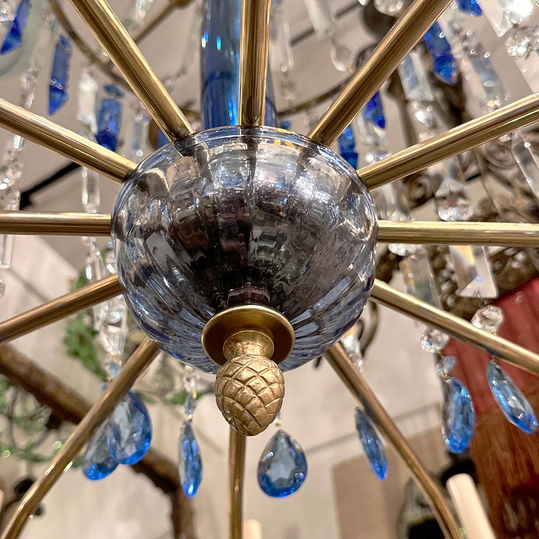 English Gilt Chandelier with Blue Crystals For Sale 1